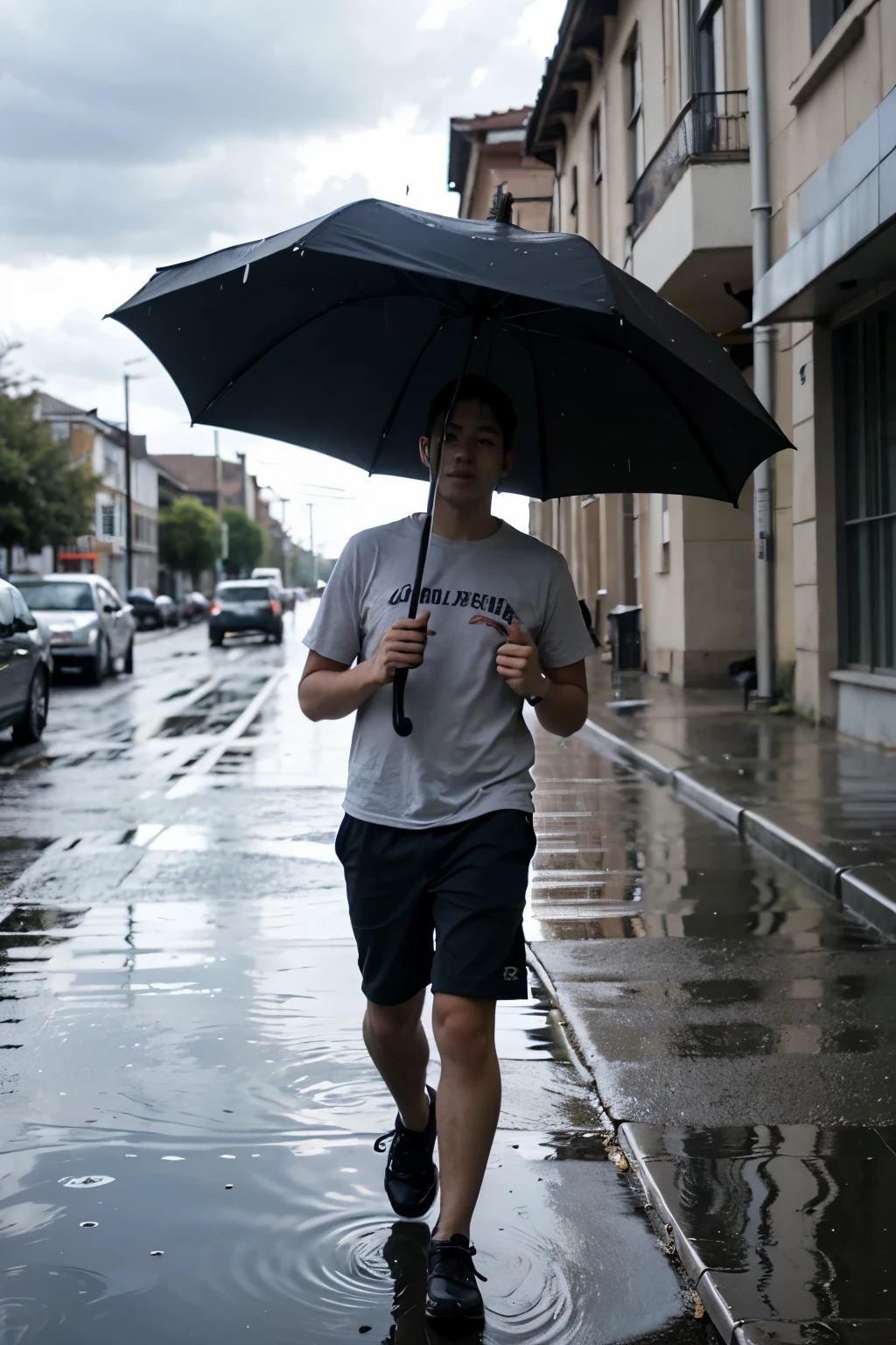 boy walking in the sun with rainy clouds umbrella