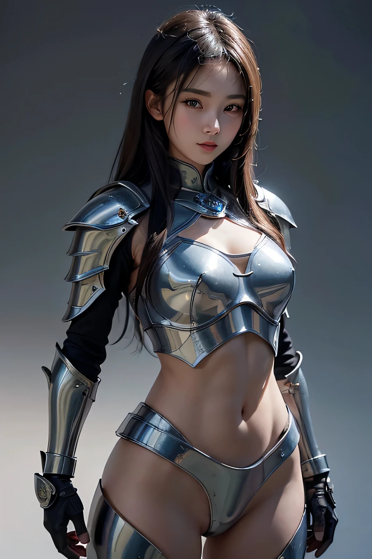 (Highest image quality, Excellent details, ultra high resolution), 1 girl,asian girl,Metal knight armor,bare belly , (Charming figure:1.2, Polished and muscular body), (a little fat:0.5), Background military base, gentle smile, dynamic poses, dramatic lighting, whole body