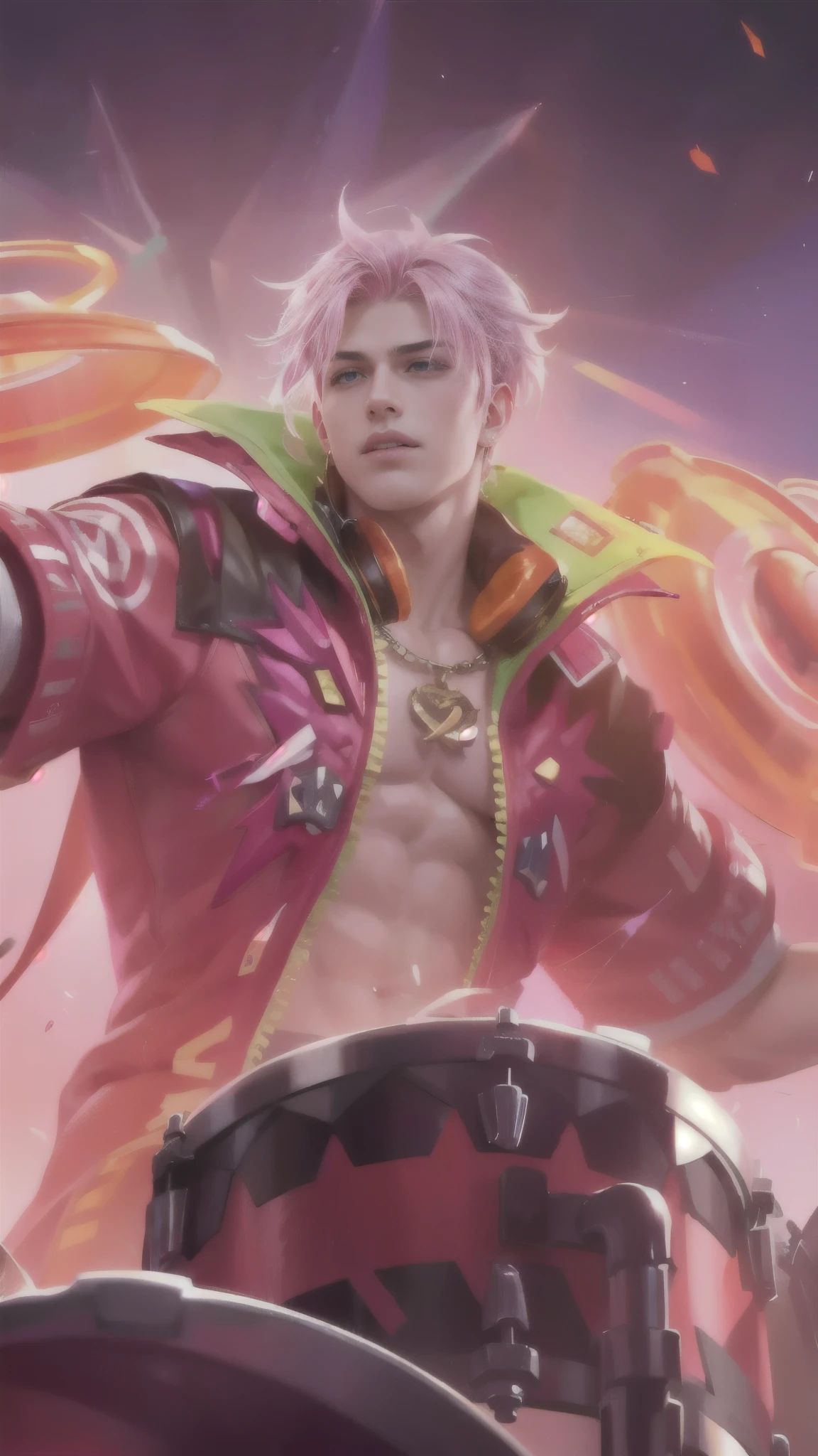 Masculine man, Best quality, masterpiece, detailed skin texture, detailed clothes texture, detailed face, super detail, 8k, intricate detail, 1 boy, The color doesn't change, Muscle guy, 1 guy, a man with a pink jacket and a drum in his hand, mobile legends, headphone, pink hair