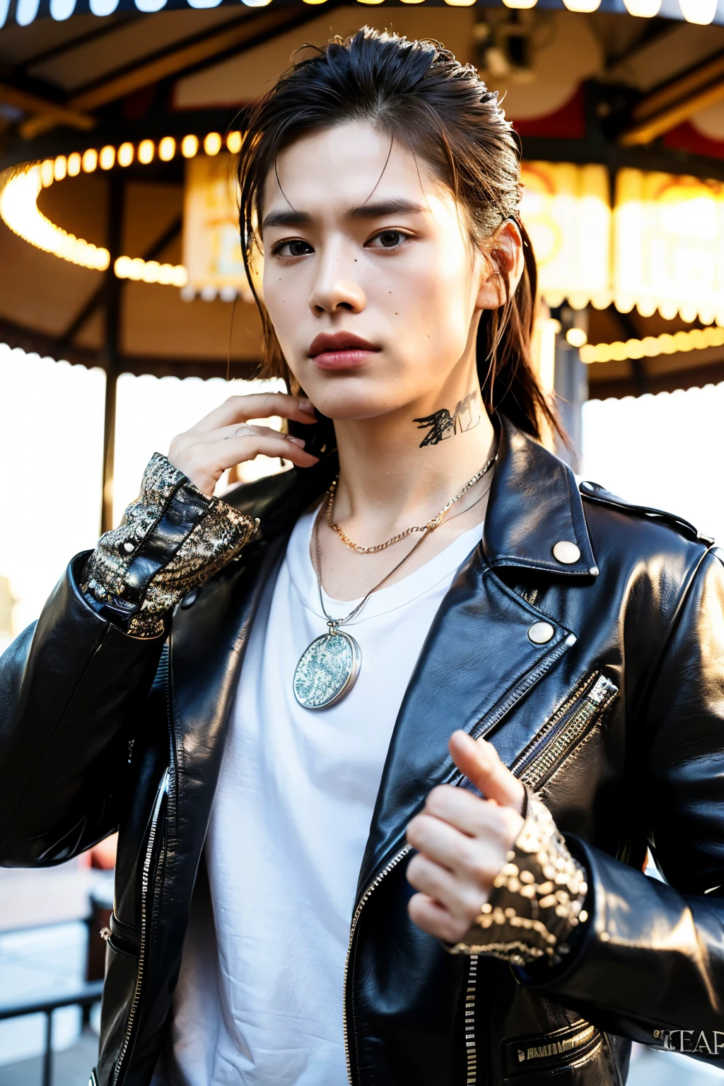 (1 man，(8K:1.3), Knight image,Man photo，mtu(Best quality, Masterpiece), ultra high resolution:1.2，The silhouette blends with Japanese masculine style，The image is based on a 30-year-old man，The character's facial contours are three-dimensional，Image design：Complex and wild as a biker man,  Wear leather-textured gloves（Full of detail），with short brown hair(Gradient lighting）, 1 man, Rough skin, Look ahead,Eye anxiety and restlessness，dry, Chapped lips，Tattooed with，Sweat on the forehead，The eyes are slender, (Photorealistic:1.4), (Best quality:1.0), (ultra high resolution:1.0), 8K, RAW photo, (Masterpiece:0.2), (PureErosFace_V1:0.5),，Feral male image, Men's leather biker jacket（metallic buttons），Several patterned printed shirts，Wear necklaces and bracelets and 3 metal chains in different styles，A thick rope is tied around the waist, The venue is located in front of the amusement park carousel, The man's expression was nervous，Liso's action，mystical ambiance，Facial features are three-dimensional，Hair is scattered and layered，Lights illuminate the characters from top to bottom，sun light，The picture is oppressive