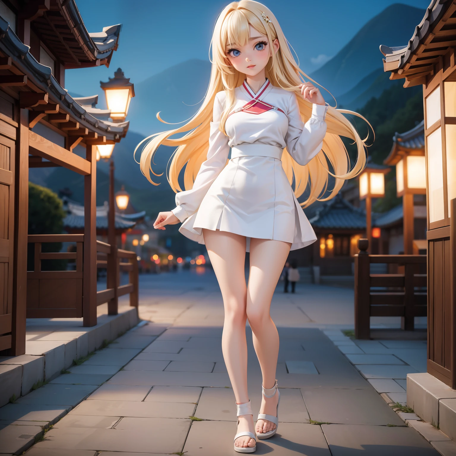 Korean teen, beautiful face, youthful face, thin jaw, bangs, long blonde hair, pale skin,  body, full body, straight breasts, flat breasts, small breasts, thick legs, short legs, fat thighs, wearing tiny trapezoid dress, walking , night, Gyeongbokgung in the background, masterpiece, detailed scenery, cozy scenery