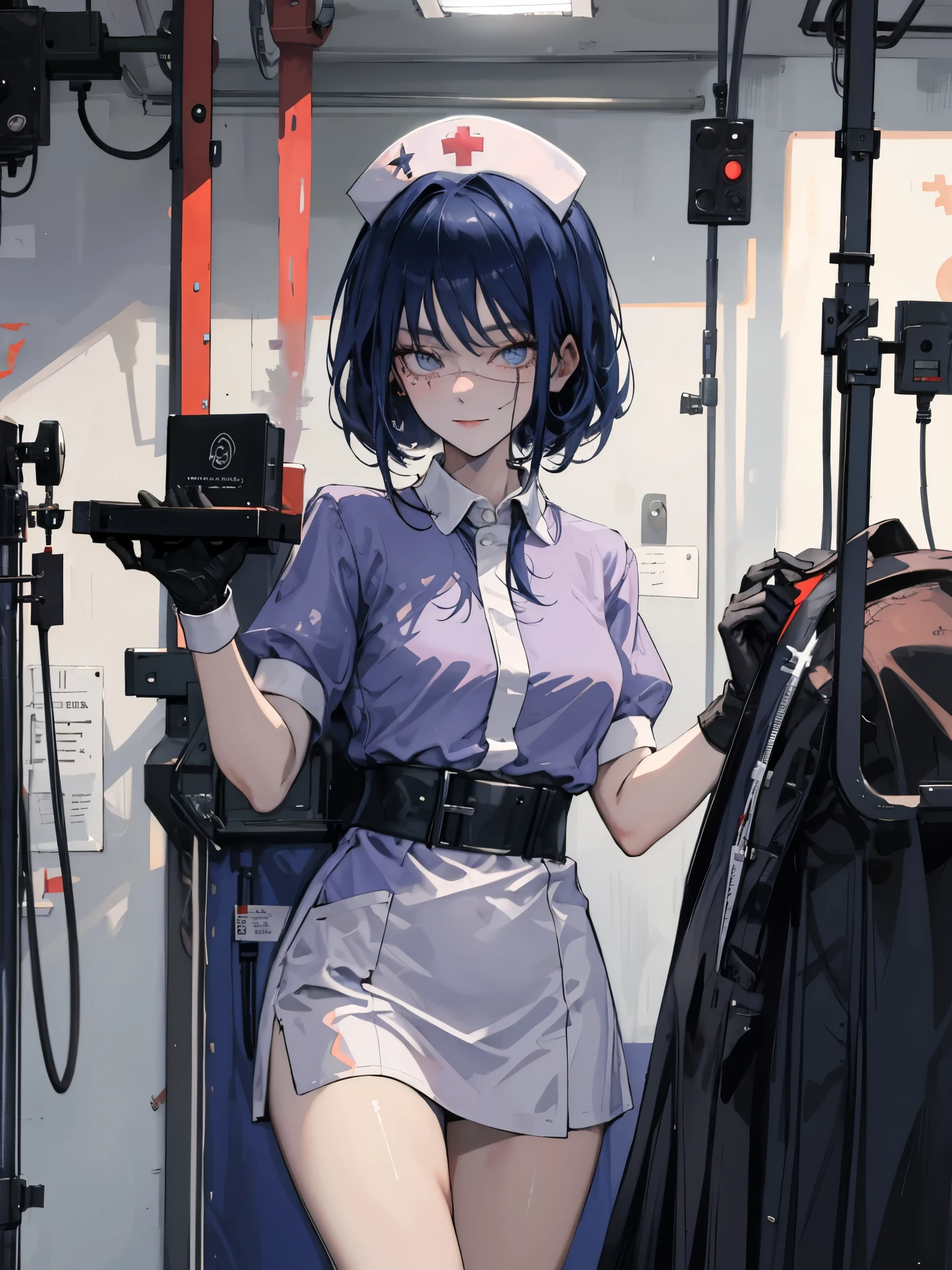 master piece, beste-Qualit, detailded, seulement, 1fille, nurse, bas, seductive pose, nurse cap, rideaux de poitrine, Gants, Souriant, attentive, compatissant, interagir, amical, chaleureux, hospital, Medical Clinic, nursing position, chevet du patient, salle de traitement, Medical equipment, fournitures, hospital beds, moniteurs, medicaments, patient, Colleagues, traditionnel, bleu clair, protecteur, background, cadre, medical, clinique, chevet, traitement, equipment, fournitures, hospital bed, moniteur, medicaments, masque chirurgical, Cheveux courts, seins moyens, beaux yeux bruns, low-cut, gros seins, transpiration, rougissement, respiration lourde, masque chirurgical, Medical gloves, lingerie, bas, seductive pose, (Pluie), rideaux de poitrine,