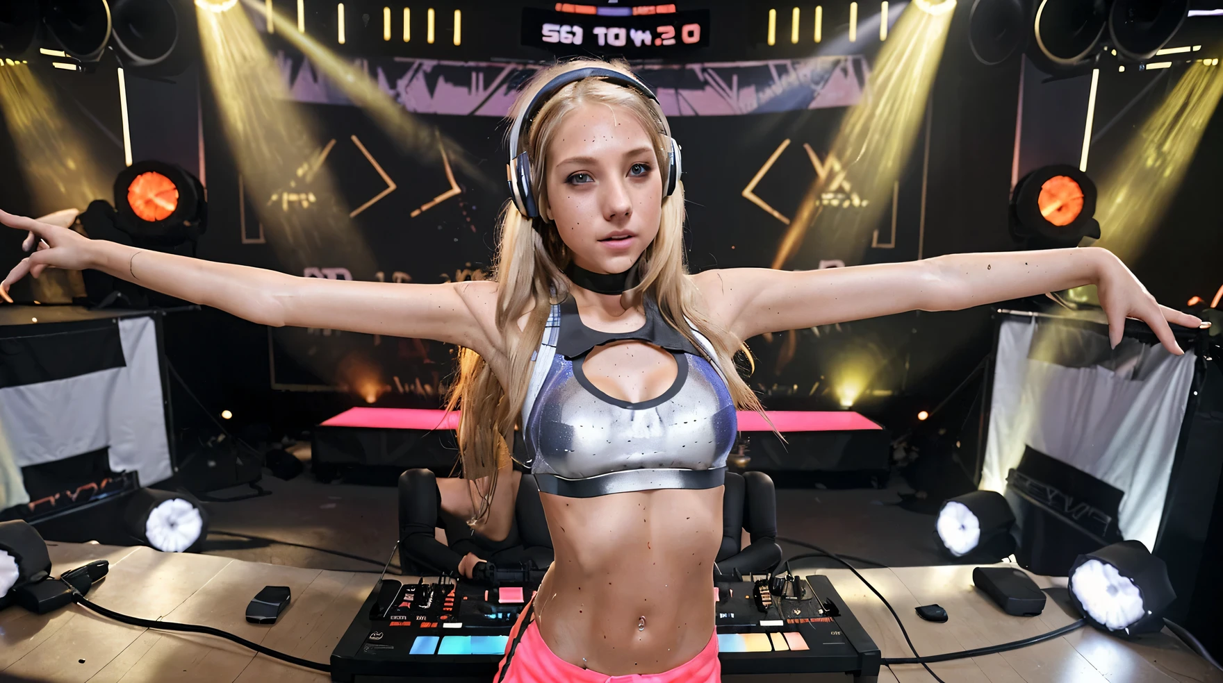 24 year old female dj live on stage, female dj, djing, headphones, dj desk, huge audience, dynamic light, electro music, sweat pants, sports bra, very skinny, golden hair, small breast, sweaty, rachel cook, slim, long hair, open hair