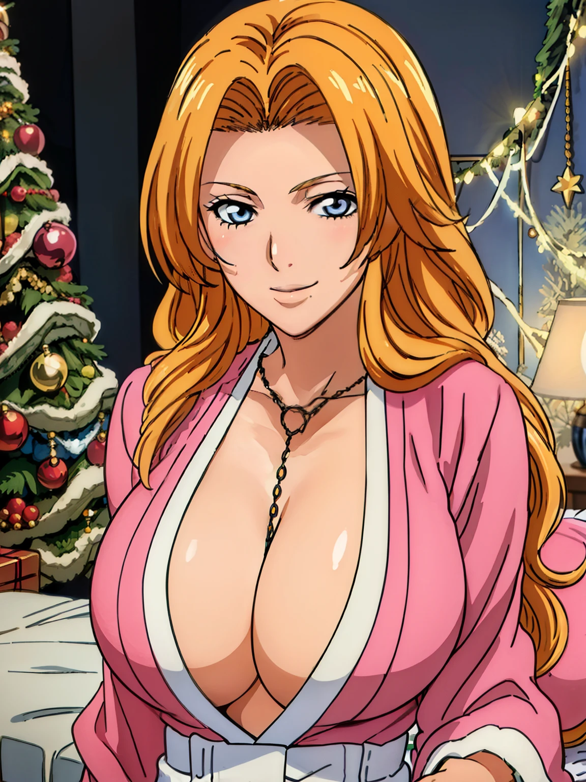 standing, (santa claus outfit), christmas tree, at luxury bedroom, (luxury bedroom background), mature women, takeda hiromitsu style, anime cels style, best quality, high resolution, (huge breasts:1.3), cowboy shot, (potrait body), blush, smiling, blue eyes, Blonde hair, bangs,Long_hair, 1 girl, looking at viewer