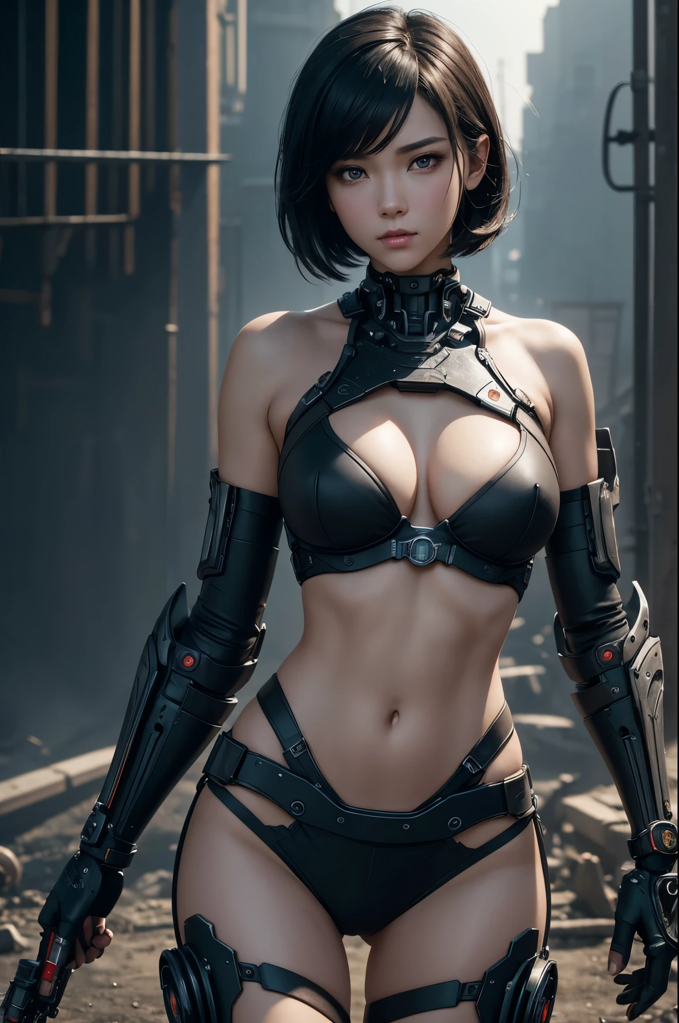 8K、Mechanical Lloyd with short black hair、skeleton mechanical roid girl、girl with exposed skeleton、detailed digital anime art、Glowing LED(effect)U3D rendering character art 8K、photorealistic girl rendering、8K high quality detail art、2。5d cgi anime fantasy artwork、Beautiful girl mechanical roid、Guweiz style artwork,超A high resolution,Super realistic texture,masterpiece,Photorealistic RAW photos of the highest quality。bright colors,rich colors, Backlight, cinematic lighting, film grain, to be born, 50MM lens, Nikon D850,super realistic skin,fantasy art,character art,ultra high resolution,realistic scale skin,Perfect hand shape,view audience,beautiful expression,Close-up,Camera eye effect with red left eye),Mechanical parts are exposed in several places.,medieval lake,Brown and black bikini,terminator,wilderness,dynamic pose,One arm is a mechanical arm,terminatorの腕,frame exposed arm,