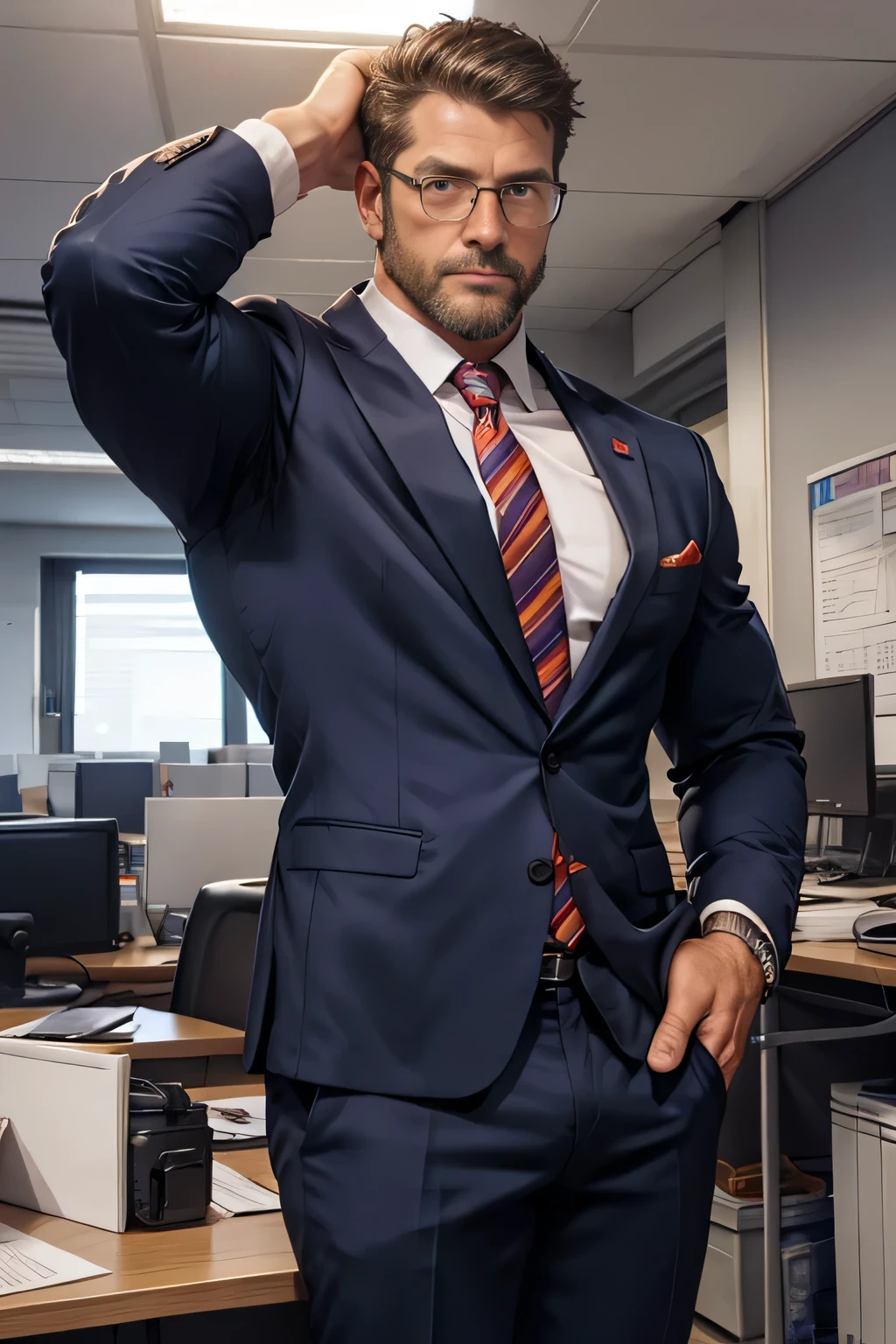 Award-winning original photo, a wild muscular man (40 years old daddy:1.1), beards, burly, hunk, (office suits), eyeglasses, tattoo on a forearm, detailed, lovely, from the front