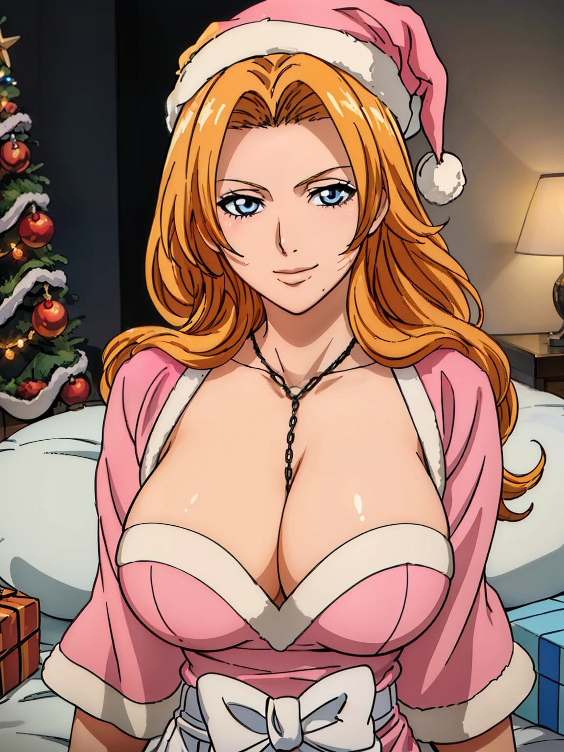 happy pose, (santa claus dress), (santa claus hat on her head), christmas tree, at luxury bedroom, (luxury bedroom background), mature women, takeda hiromitsu style, anime cels style, best quality, high resolution, (huge breasts:1.3), cowboy shot, (potrait body), blush, smiling, blue eyes, Blonde hair, bangs,Long_hair, 1 girl, looking at viewer