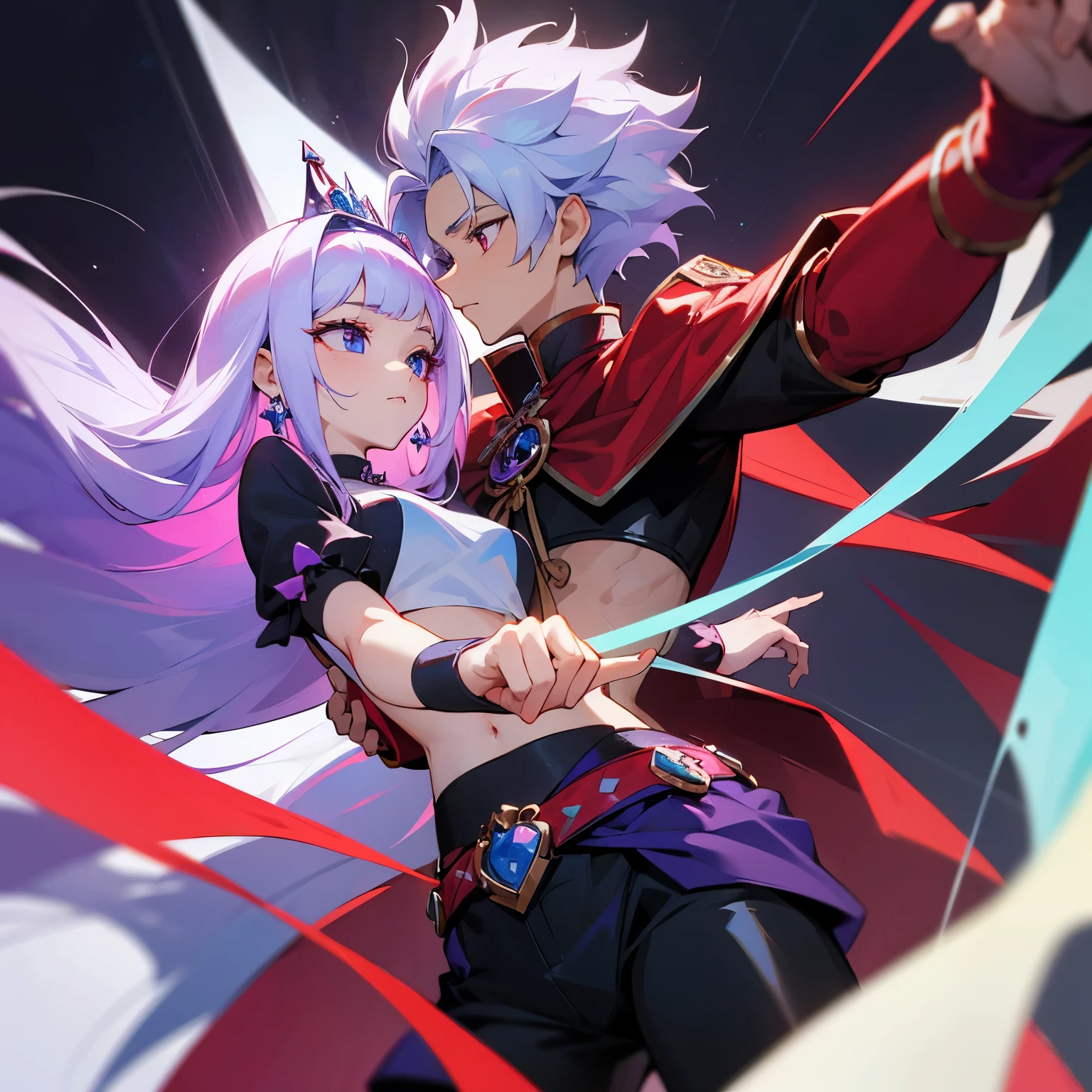 A princess and a prince, the princess wears modern clothes, Black crop top and black shorts. The prince wears red royal clothes. The princess has purple hair and light blue eyes. The prince had white hair, dark red eyes. The princess poses holding the prince's hand.