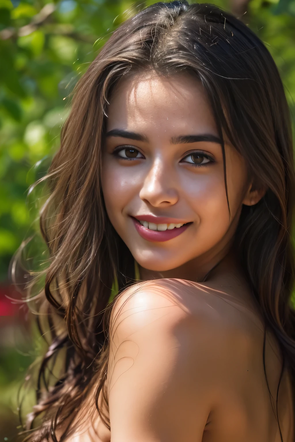 (highest quality,4k,High resolution,masterpiece:1.2),super detailed,(realistic,photorealistic:1.37), 1 beautiful nude Spanish girl, super detailed beautiful eyes, thick eyebrows, luscious lips, flowing brunette hair, (hyper detailed moist skin texture:1.2), (captivating smile:1.5), rich texture, Italy, Tuscany region, rural, soft clean focus, realistic lighting and shading, (an extremely delicate and beautiful art), (artistic nude portrait:1.4), soft and natural lighting, (NSFW:1.4), (dancing happily:1.4), toned body and abs, beautiful nipples, Under the beautiful sunlight filtering through the foliage, (seductive smile:1.5), (no makeup:1.2)