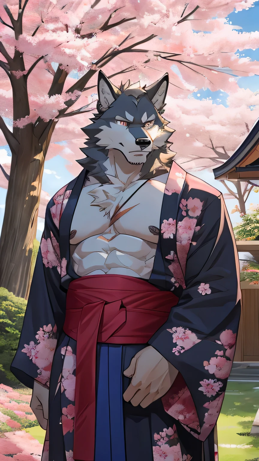 Wolf,muscular,middle aged,look at us,Serious,In the garden with cherry blossoms,Facing us,Naked breasts,Front view,uncle,There is a scar on the chest,Wearing a kimono