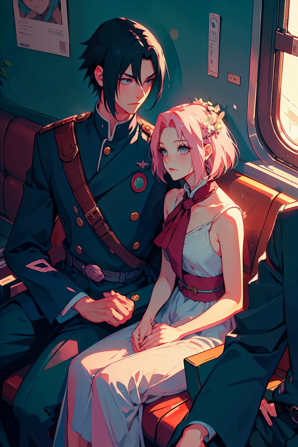 Sasusaku The couple in the photo is deeply in love and lost in the moment. Sasuke, the tall, handsome man with chiseled features and piercing black eyes. He has a confident and charismatic demeanor, and his love for the woman is evident in the way he looks at her wistful adoration. He is wearing a military uniform, he is a soldier. The woman is equally stunning with soft features and delicate features, her hair is short and pink that falls elegantly around her face, adding to her romantic and dreamy appearance. She's wearing a 1950s ensemble. The couple is saying goodbye on a train line, he's going to war.