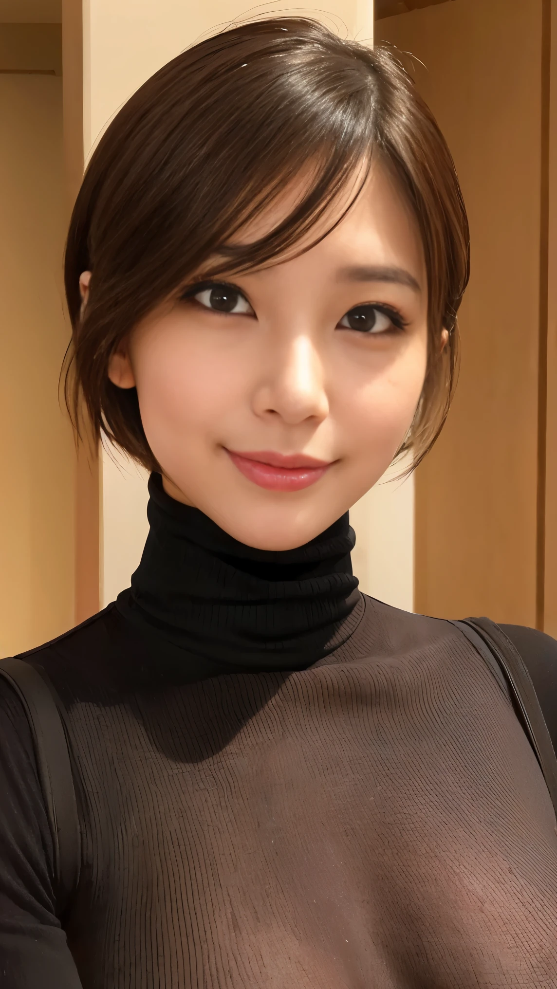 黒いturtleneckのセーターを着た日本女性、 (((masterpiece))), ((highest quality)), ((intricate details)), (((超realistic)), absurd solution, near and far law, very detailed, realistic, 1 girl, ((big breasts)), perfect hands, finger details, beautiful and detailed eyes, short hair, brown eyes,(turtleneck:1.2), Tight Skirt, detailed background, choker, perfect eyes, enchanting eyes, look at the audience, from the front、laughter、mole around the mouth、knit dress、((nipple:1.3))