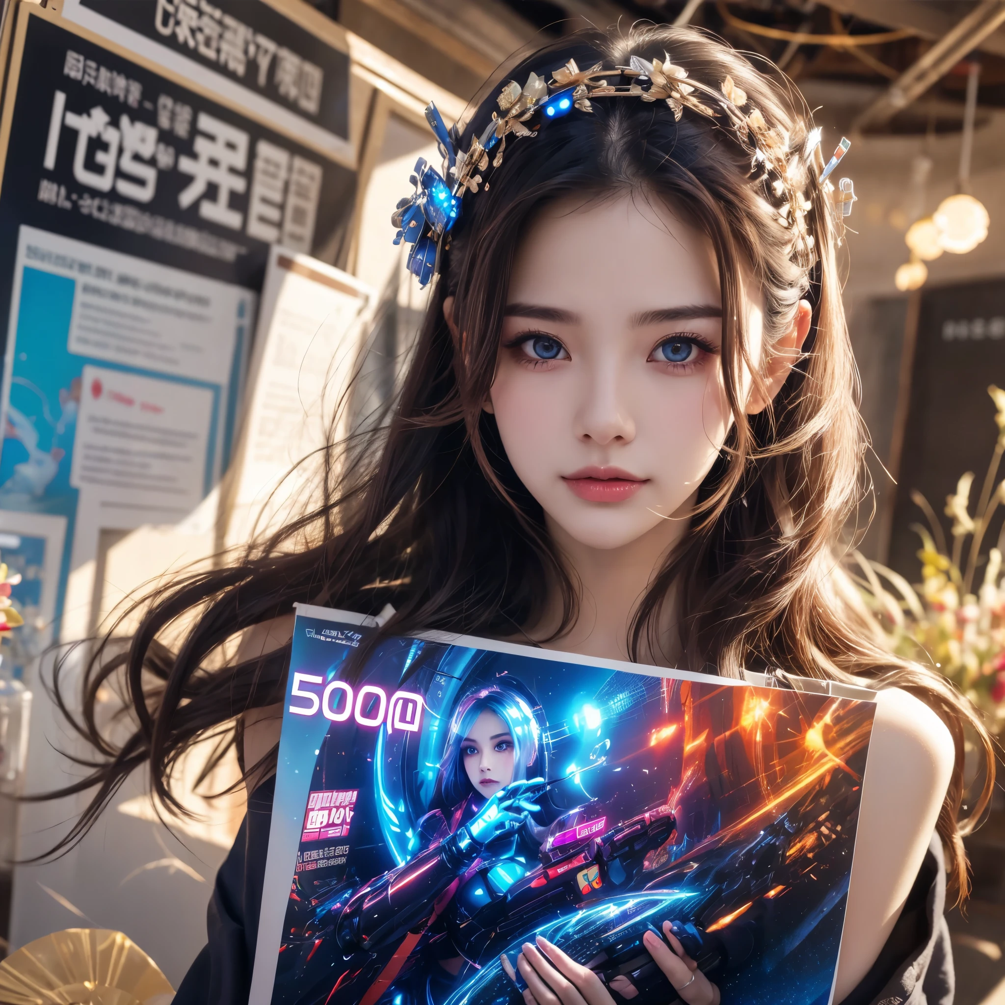 A stunning beautifull shinning cyber girl holding a poster, it printed " 500 followers" 