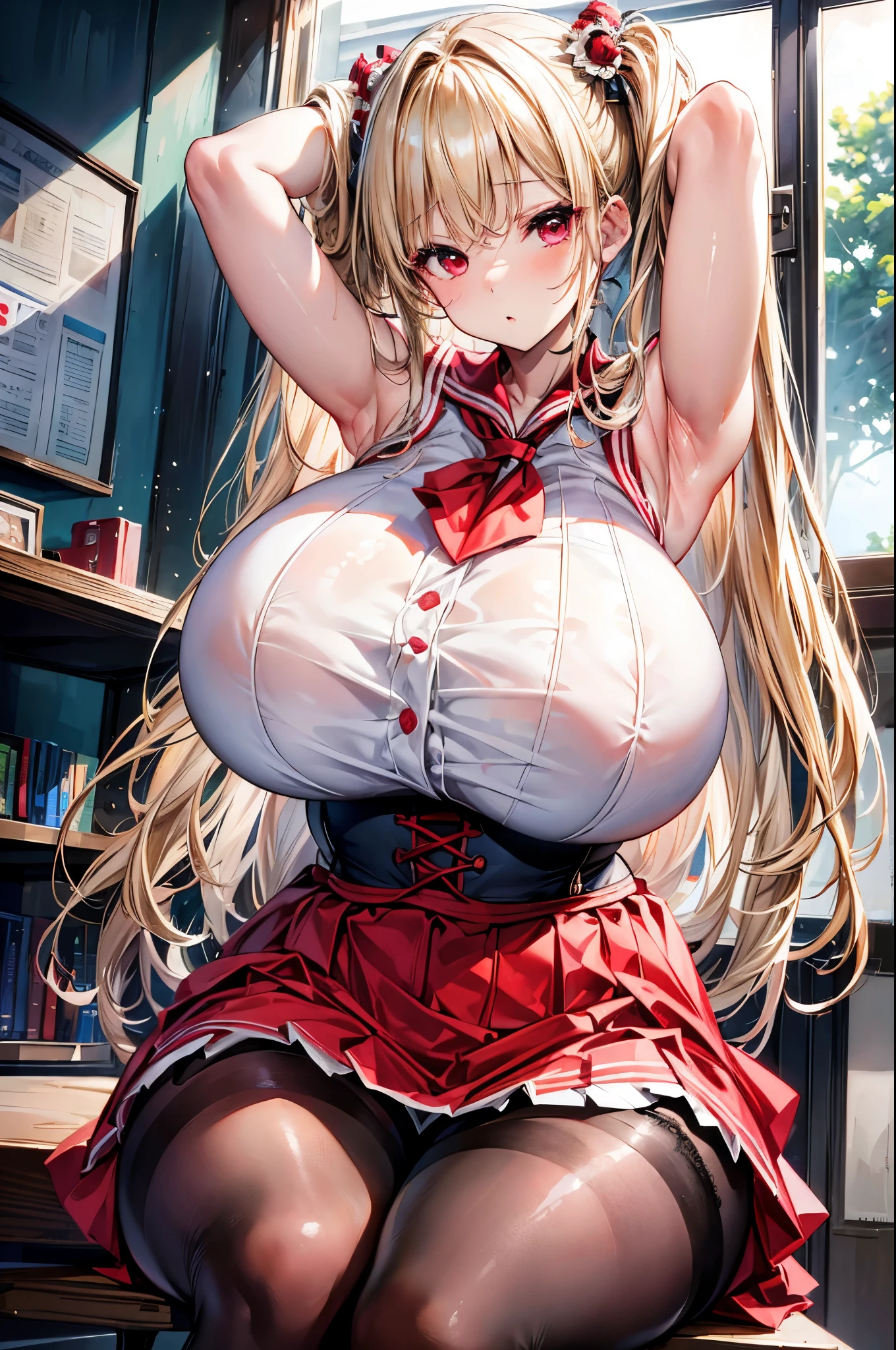 (masterpiece:1.2、highest quality、T Masterpiece)、1 female、alone、classroom、Day、stand、blonde、ponytail、red eyes、(sailor suit:1.4)、(black skin:1.4)、big breasts、pantyhose、corset、earrings、lipstick、very sweaty、Scrunchie、choker、blush、(Shackles:1.4)