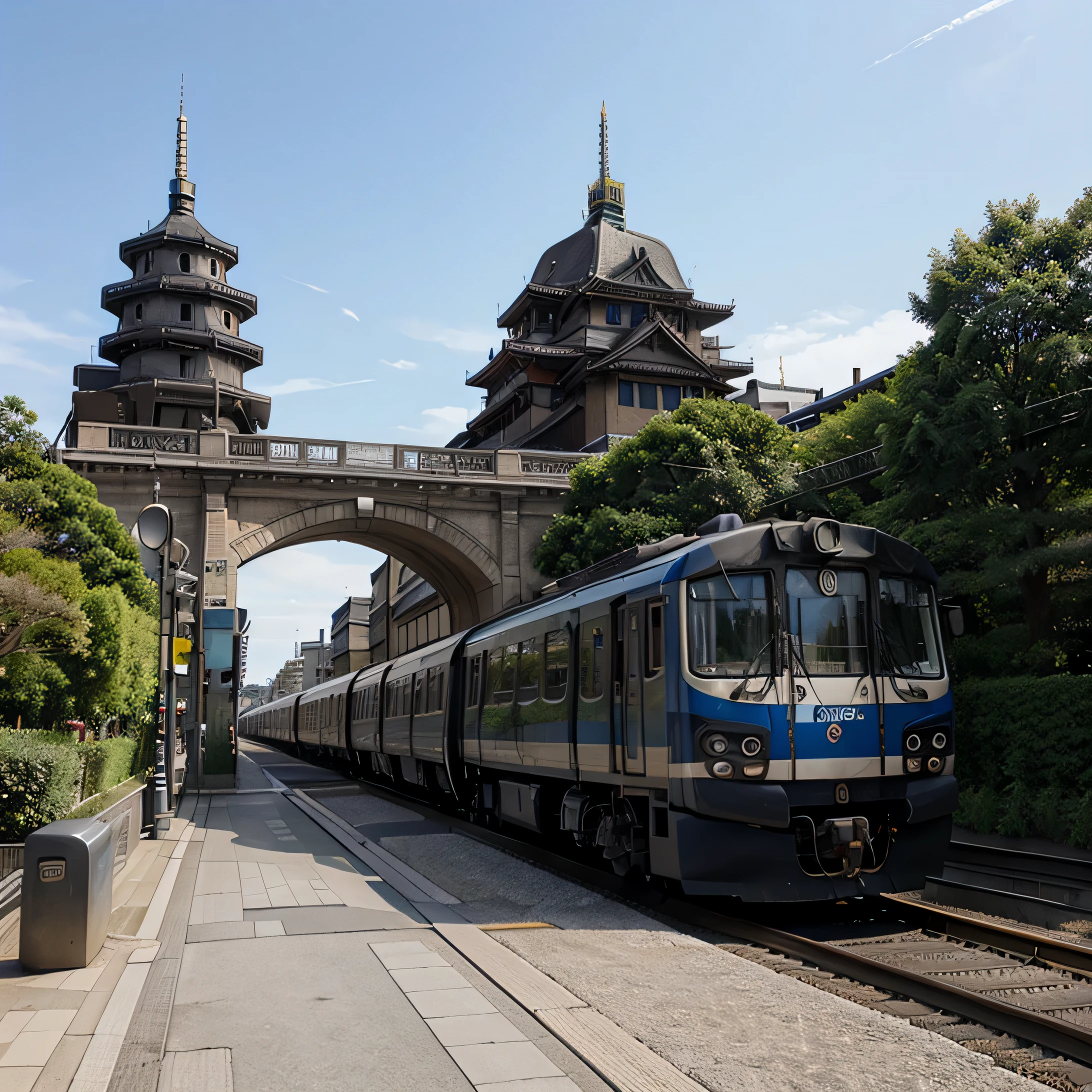 Paysage japonais avec un train parcourant tout la capitale