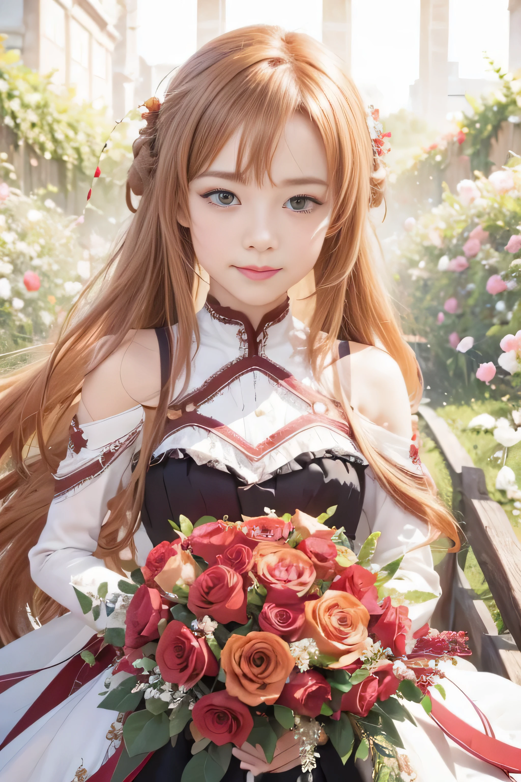 Realistic,masterpiece, best quality, (realistic,photo-realistic:1.4), (RAW photo:1.2),extremely detailed CG unity 8k wallpaper, delicate and beautiful, amazing,finely detail, official art, absurdres, incredibly absurdres, huge filesize, ultra-detailed,extremely detailed eyes and face, light on face,asuna yuuki ,(little smile:1.2),(caramel hair:1.3)long hair,(wearing dress:1.4),nature background,(caramel eyes:1.5),garden,holding rose boquet