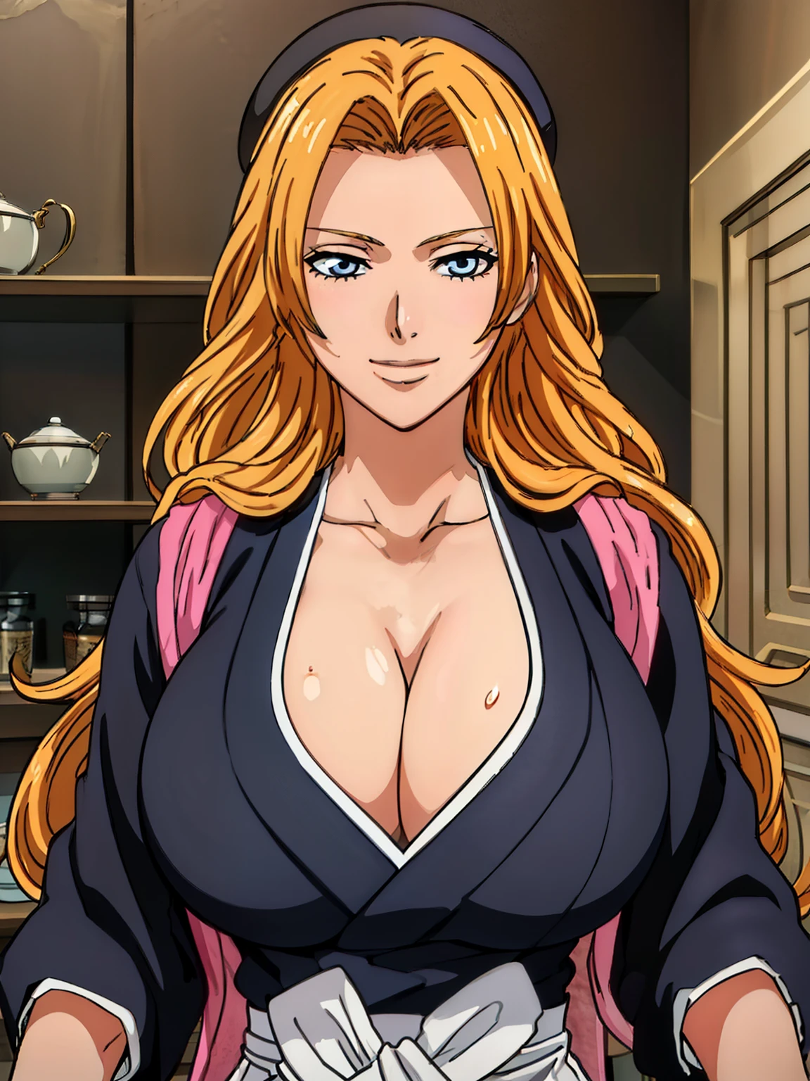 very tempting pose, (maiden dress), (maiden hat on her head), at luxury kitchen, (luxury kitchen background), mature women, takeda hiromitsu style, anime cels style, best quality, high resolution, (huge breasts:1.3), cowboy shot, (potrait body), blush, smiling, blue eyes, Blonde hair, bangs,Long_hair, 1 girl, looking at viewer