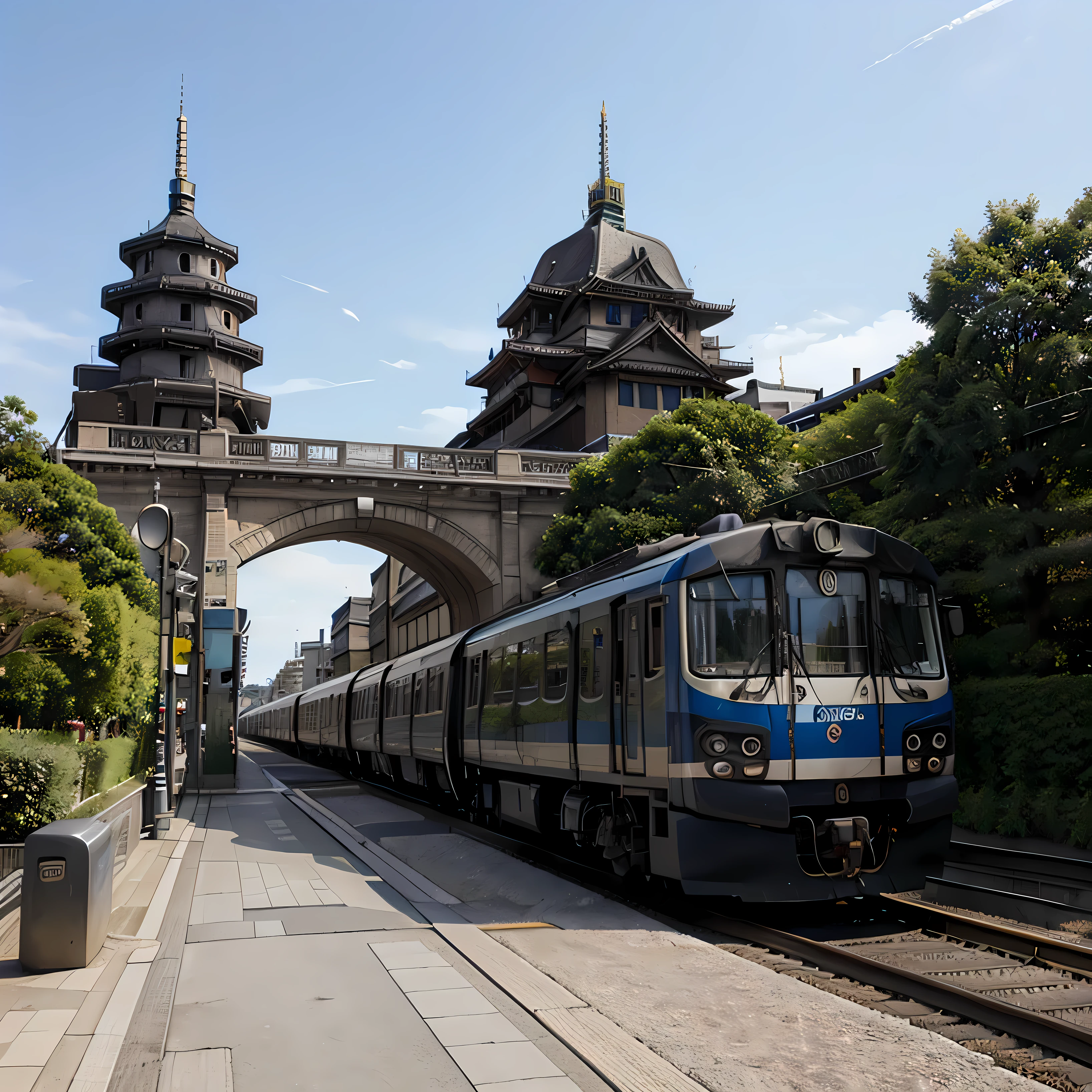 Paysage japonais avec un train parcourant tout la capitale