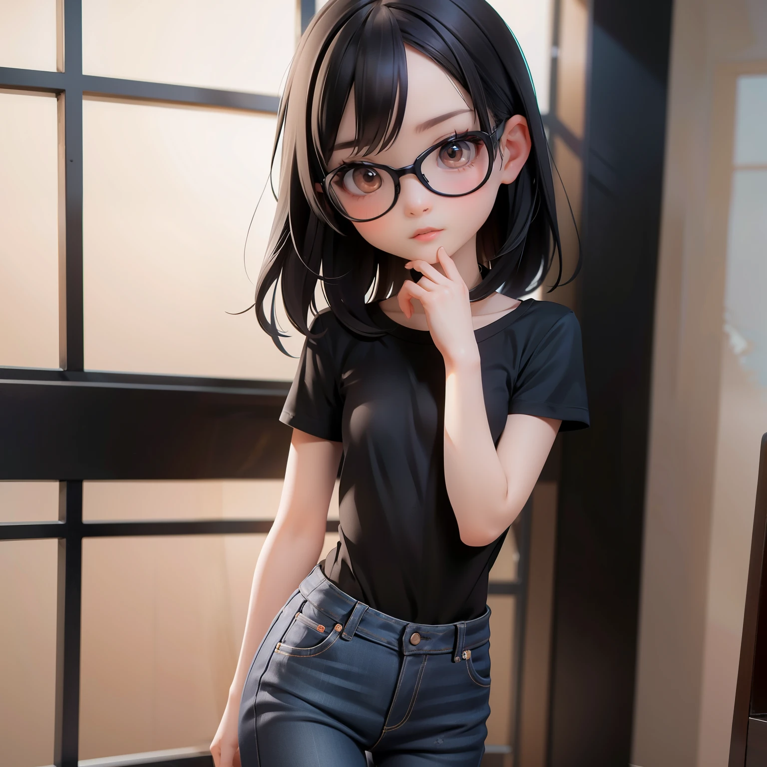 small Vietnamese girl, very thin, , wearing glasses, long black hair, flat breasts, small breasts, skinny legs, slender legs, black t-shirt, jeans