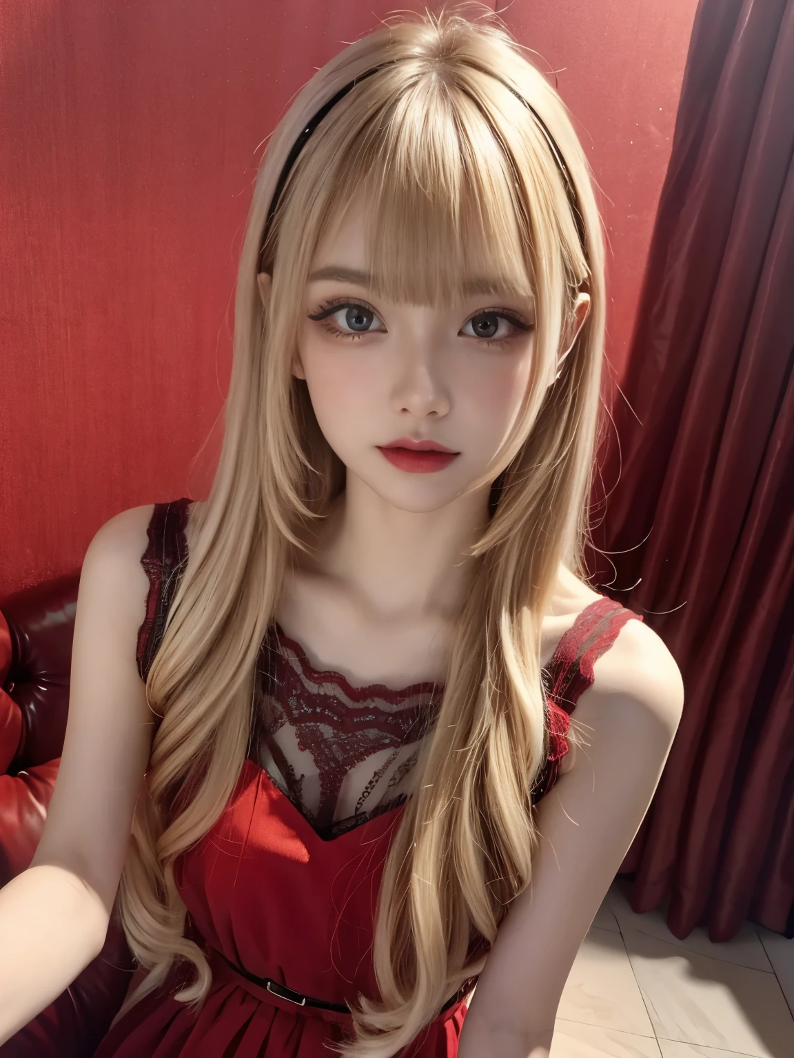 raw photo, 8k, (top-quality), Realistic, (real picture, Intricate details), (natural skin texture, detailed skin, hyper realism, sharpness), (Japanese teenage girl in a hotel, bedroom), ((red camisole dress, sleeveless, see-through, lace dress)), (pale skin:1.2), slender body, ((light blond hair:1.3, long hair, blunt bangs)), (seductive face, seductive smile, Parted lips:1.3, eye shadow, eyeliner, tear bag:1.2, red lip, undereye circle), thighs, red wallpaper, night time, full body shot