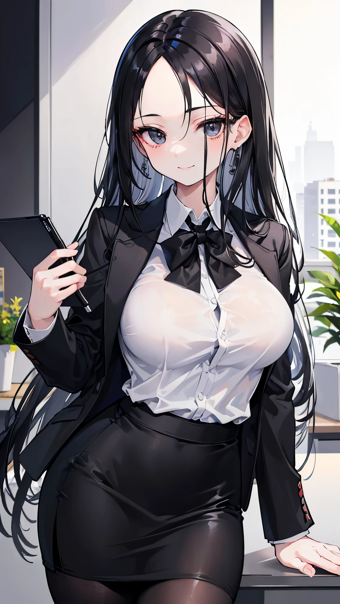 (8K、Highest image quality、highest quality、masterpiece)、detailed face、1 woman、black hair、long hair、((forehead))、gray eyes、evil smile、big breasts、((white shirt))、((black suit jacket))、((black pencil skirt))、((black pantyhose))、cowboy shot、office