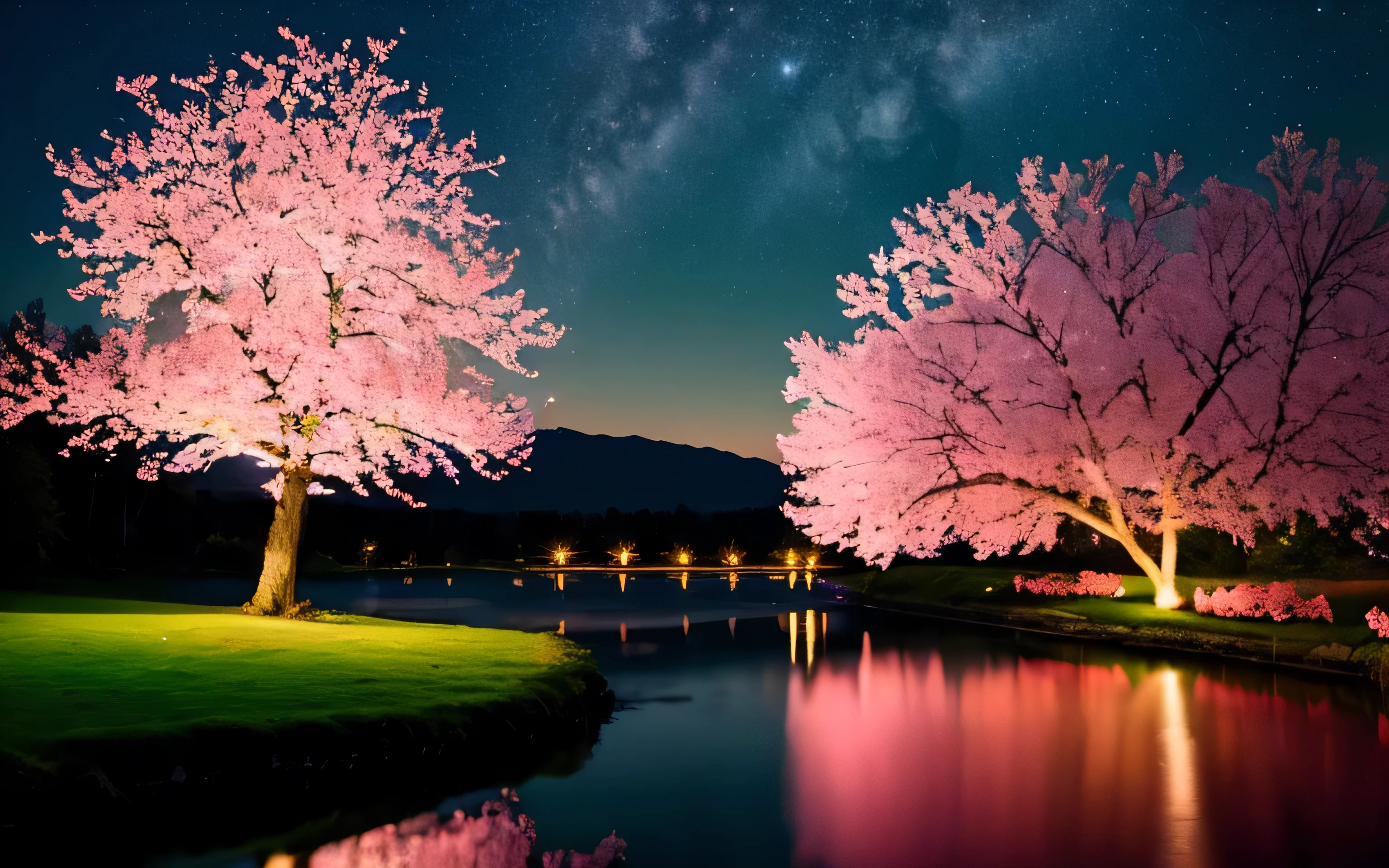 (highest quality, masterpiece), (night sky, river behind, huge old tree in the back, Shining pink petals falling behind, )