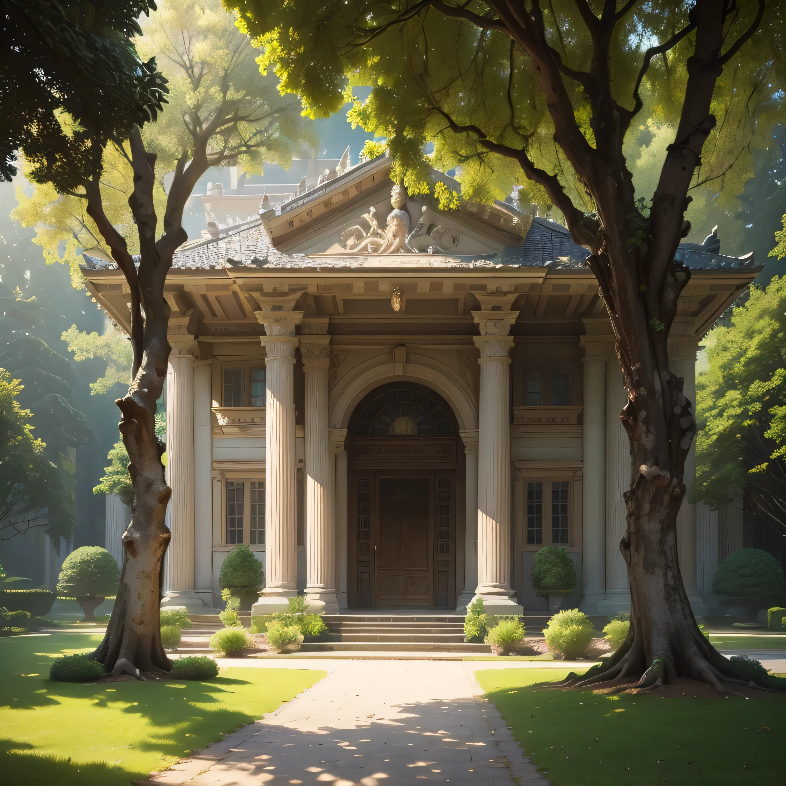 (best quality,4k,8k,highres,masterpiece:1.2),ultra-detailed,(realistic,photorealistic,photo-realistic:1.37),palace nestled amidst towering ancient trees,marble pillars,roots intertwined around pillars,fine details of palace windows and doors,ornate architecture and intricate carvings,sunlight streaming through tree branches and casting long shadows,dappled sunlight illuminating the palace courtyard,serene and peaceful atmosphere,distant mountains and misty landscapes beyond the palace,subtle hues of greens and browns in the forest,soft, warm lighting creating a magical ambiance,subtle play of light and shadow on the palace facade,detailed textures of the ancient trees and their gnarled branches,peaceful, elegant and majestic scene.