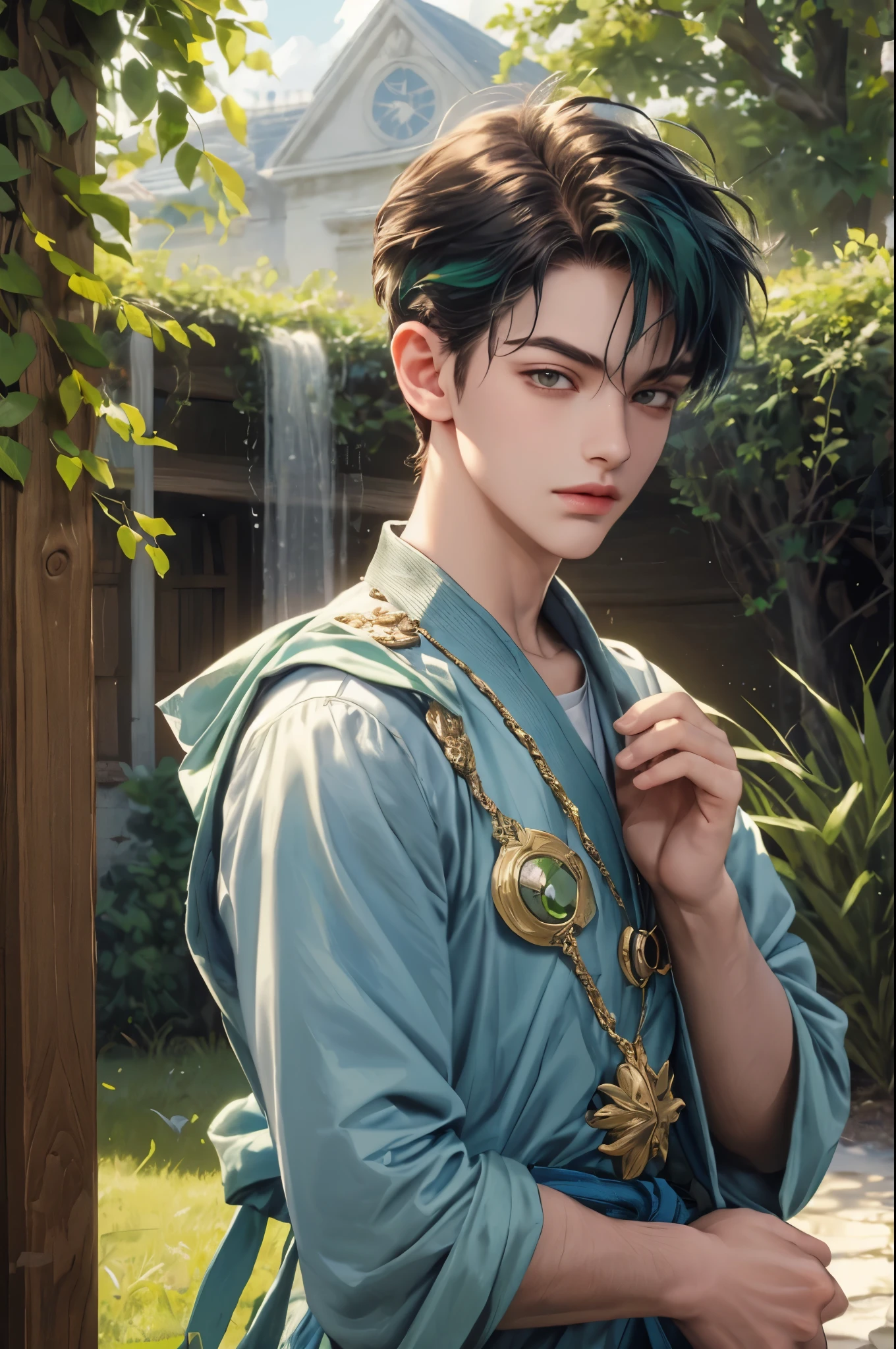 (masterpiece:1.3), (best quality:1.3) 8k details , 4k scenery, ultra detailed face, absurdres, perfect face, red eyes, handsome young boy, teen boy, green hair, black clothes , peridot