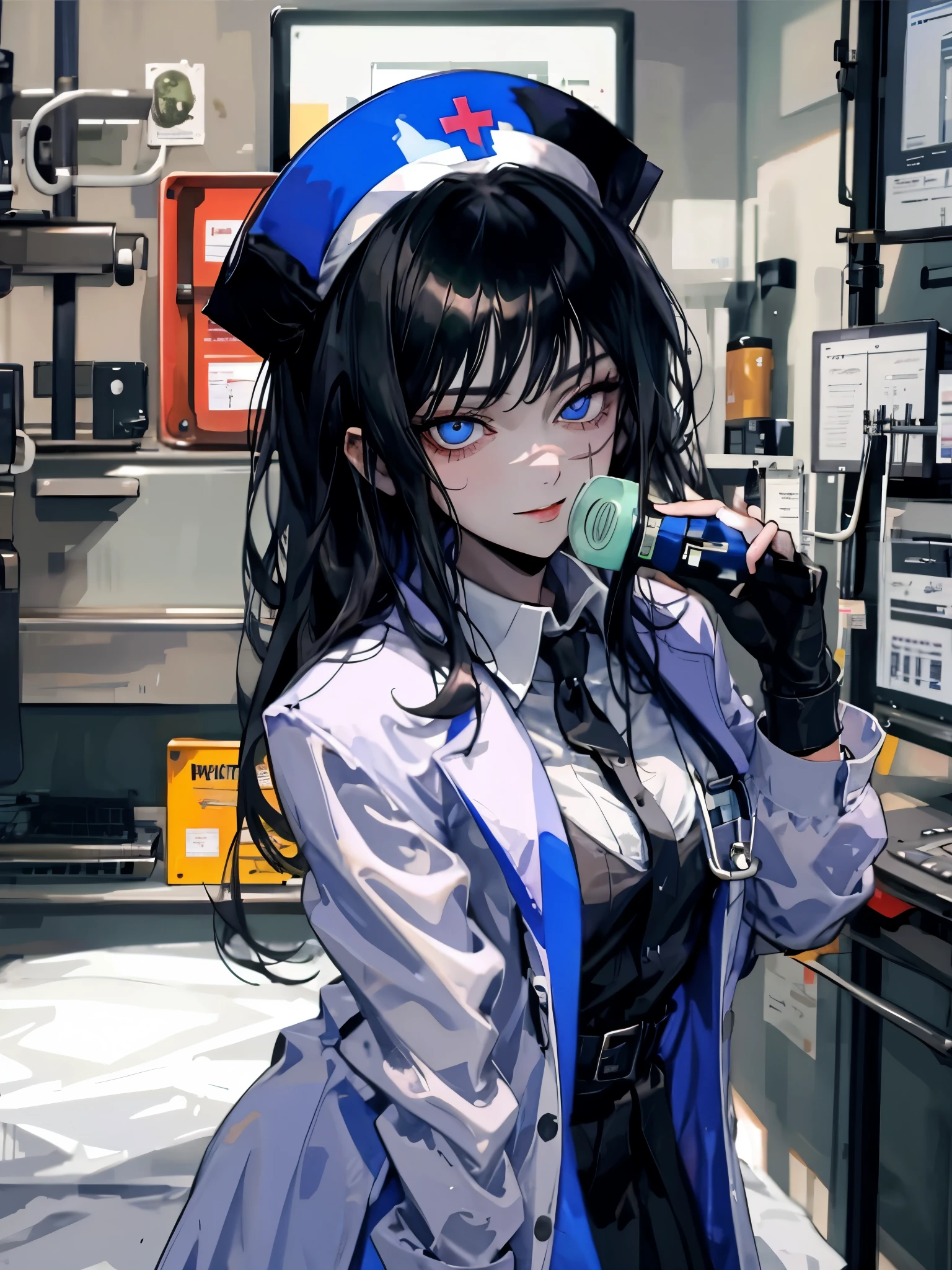 master piece, beste-Qualit, detailded, seulement, 1fille, nurse, bas,  pose, nurse cap, rideaux de poitrine, Gants, Souriant, attentive, compatissant, interagir, amical, chaleureux, hospital, Medical Clinic, nursing position, chevet du patient, salle de traitement, Medical equipment, fournitures, hospital beds, moniteurs, medicaments, patient, Colleagues, traditionnel, bleu clair, protecteur, background, cadre, medical, clinique, chevet, traitement, equipment, fournitures, hospital bed, moniteur, medicaments, masque chirurgical, Cheveux courts, seins moyens, beaux yeux bruns, low-cut, gros seins, transpiration, rougissement, respiration lourde, masque chirurgical, Medical gloves, lingerie, bas,  pose, (Pluie), rideaux de poitrine,