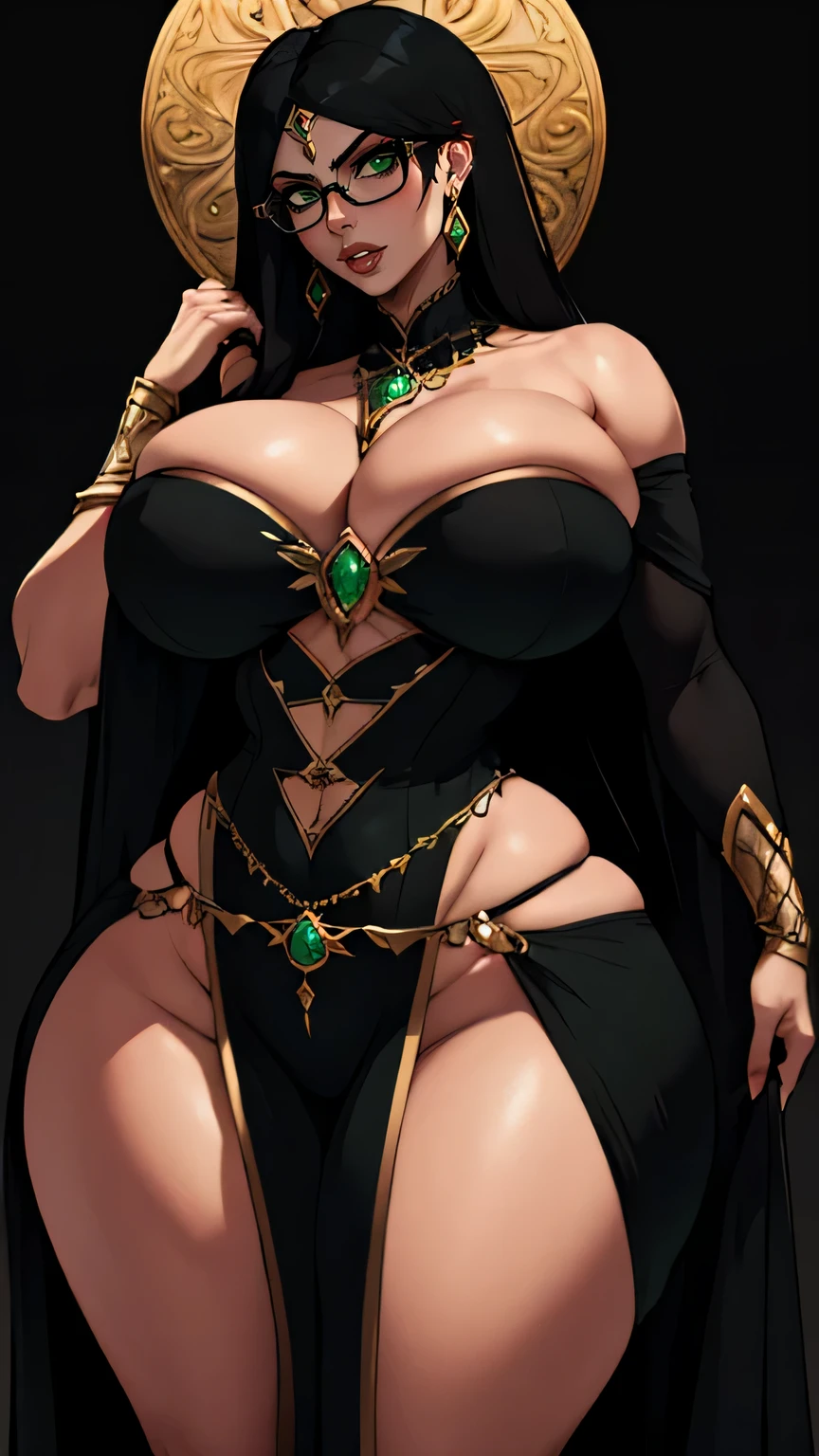 female, glasses, black long hair, green eyes, gigantic breasts, wide hips, thick thighs, empress, black background, jewelery, sexy, goddess, face close up, bayonetta witch clothes