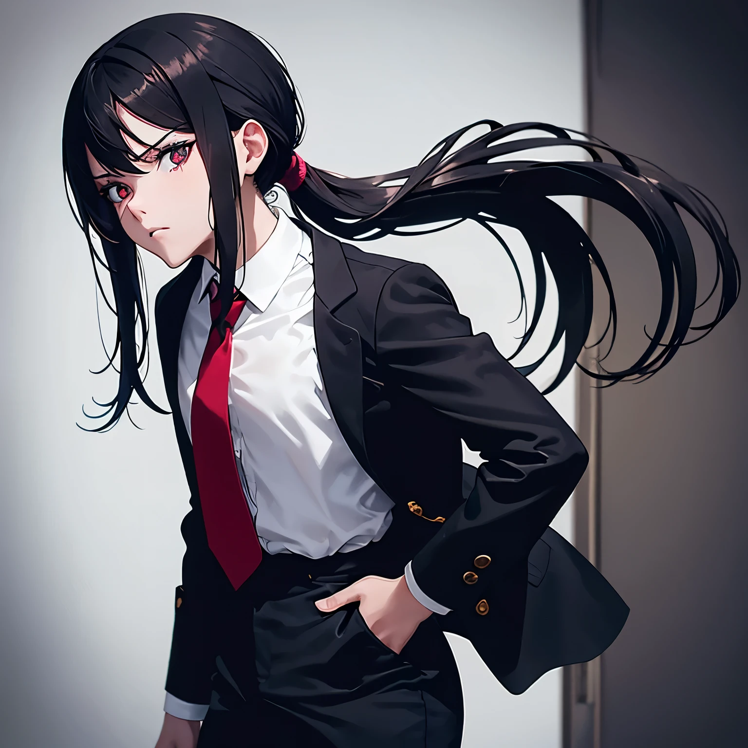Adolescente con pectorales marcados, with pale skin, rostro perfectos, cejas fruncidas y mirada penetrante mirando hacia la derecha, long hair with a small ponytail, cabello negro y ojos rojo oscuro. serious expression. Viste de una camisa negra, a black pants, guantes negros y una corbata rojo oscuro.