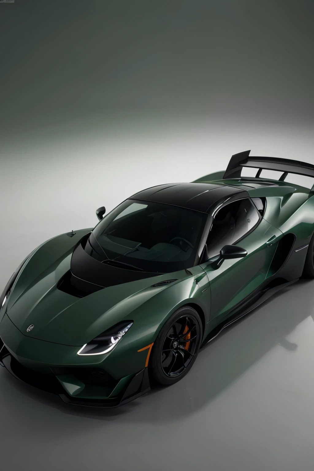 a futuristic sports car full view ultra realistic British racing green with fenders rounded and next to the body