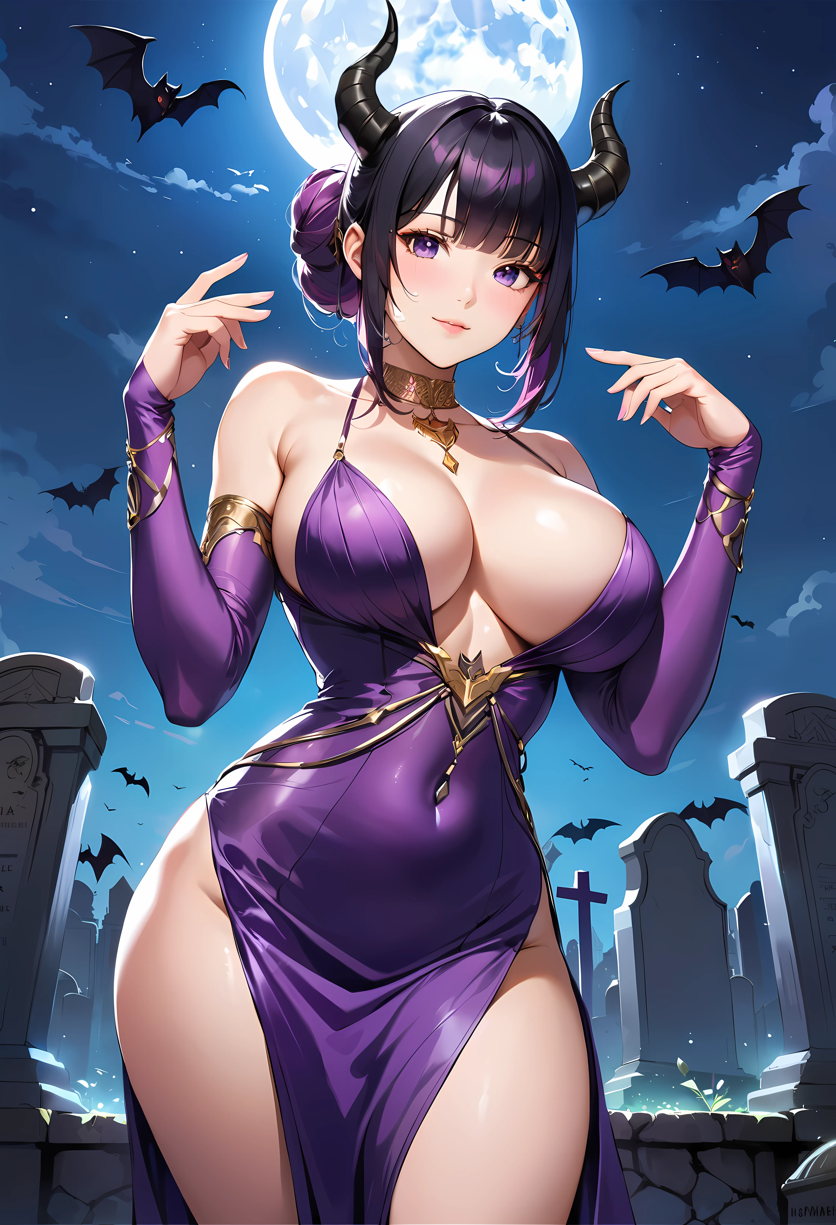 (masutepiece, Best Quality, High resolution:1.3), solo, alone, , cowboy shot, Description Girls, detail hands, Detail fingers, Detail Face, cute face, detail legs, overdetailed art, Fine details, (large breade hips, sexy), (blahair), hair bun, hair ornament, (purple long dress:1.2),(purple eyes), bare shoulders, jewelry, collarbone, detached sleeves, choker, purple dress, skimpy, twisted horns, (black horns:1.2),(Horns on the sides of the head), sexy, (crying e), (graveyard), (night , dark, moon) , pink tattoo , bat