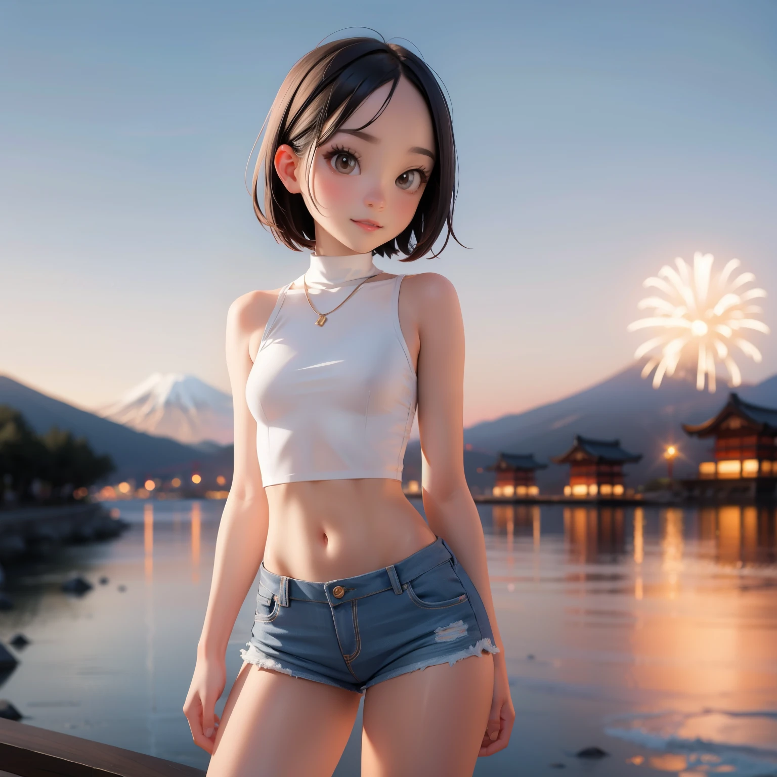 Japanese, light skin, very thin, very slender, tiny breasts, straight breasts, flat breasts, , thin body, thin legs, slender legs, white crop top, tiny denim shorts, short black hair, shaved side, Mount Fuji in the background, fireworks festival, cinematic lighting