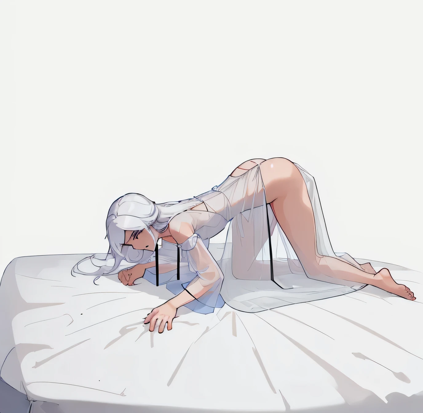 Un hombre de cabello largo de color blanco, wearing a transparent nightgown and a thong on all fours and on a bed 