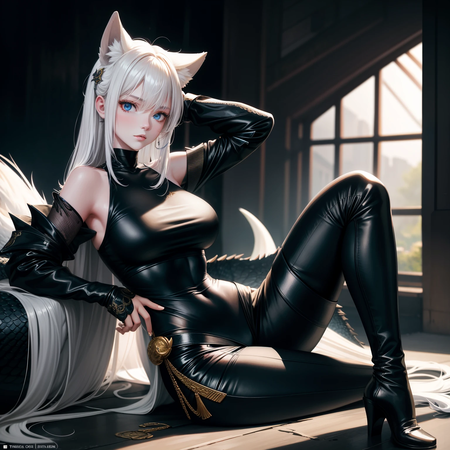 (((Masterpiece)), ((Ultra Detailed)), pixiv, Best Shadows, Best Lighting, Best Quality, 1girl, Looking at the viewer, Black background, Love pupils, Qi bangs, 8k, White hair, Portrait, pink eyes, black leather jumpsuit, Raised, Round toe stiletto thigh boots, Slim body, Lower body longer than upper body, Full body photo, No underwear panties, Large bust window, Irregular exposed abdomen, Slim legs, Very thin thigh roots, Straight leg curves