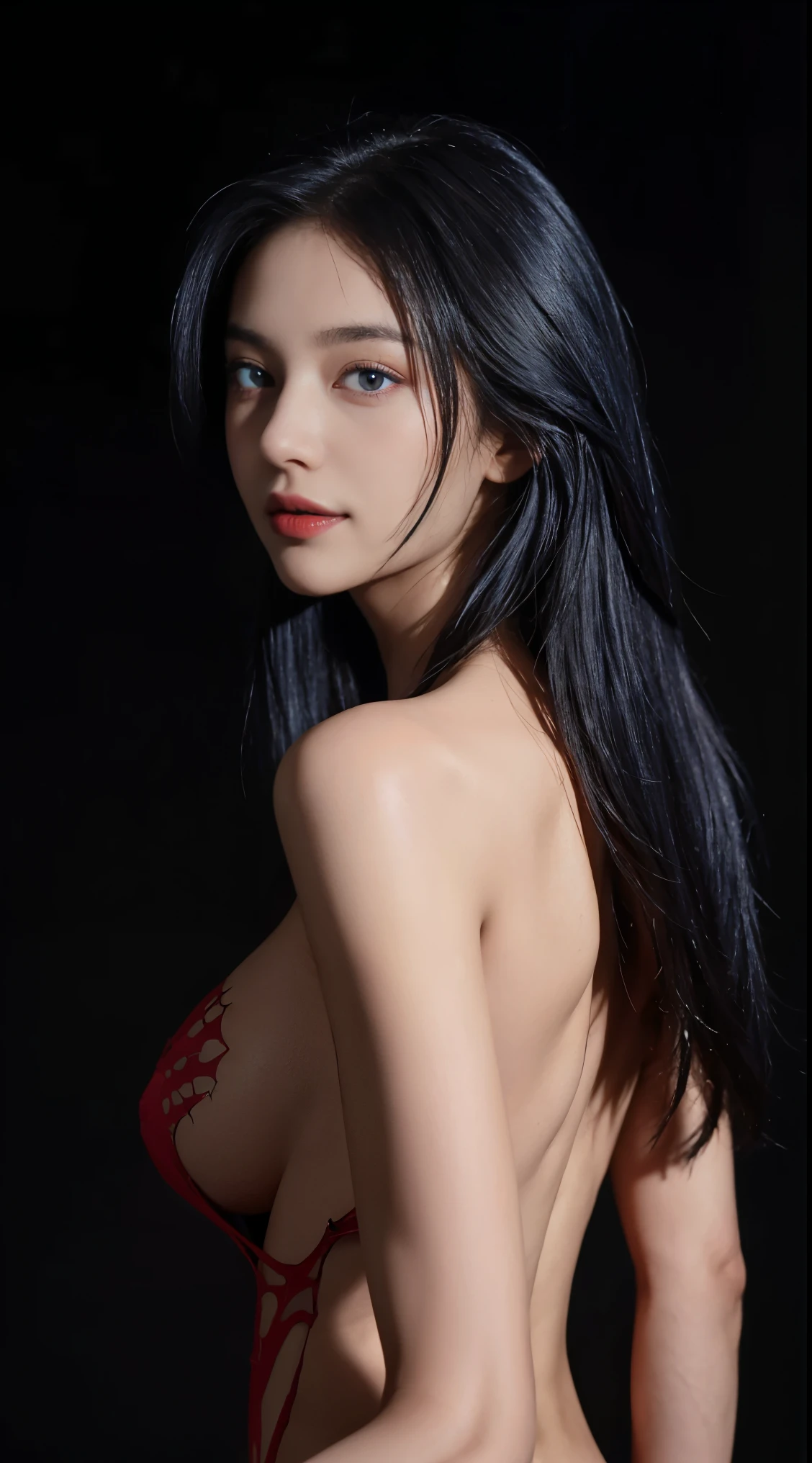8K, Top Quality, Intricate Details, Ultra Detail, Ultra High Resolution, Masterpiece, close up shot, shot from behind, (Looking back), standing, Slender, Smile, blue  hair, (Makeup: 0.4), (Fluffy red Eyes: 1.21), red eyes, 1girl, solo, 1 girl, (( full body)), close up shot, ((Black hair, long hair)) , ((tall)), (((fit body))), (((slim face))), sharp face,  )),  (detailed face), sharp face,  small lips, ass up , 
 ((torn spiderman suit, naked)),  detailed face, detailed breast, , large breast, huge breast, detail ass, Narrow Waist, Skinny, , Muscular, , Pointed Chest, detail ass,large ass , Beautiful girl , Bust Botox, Big, Perfect Body, detail leg, (( dark background)), black background,
