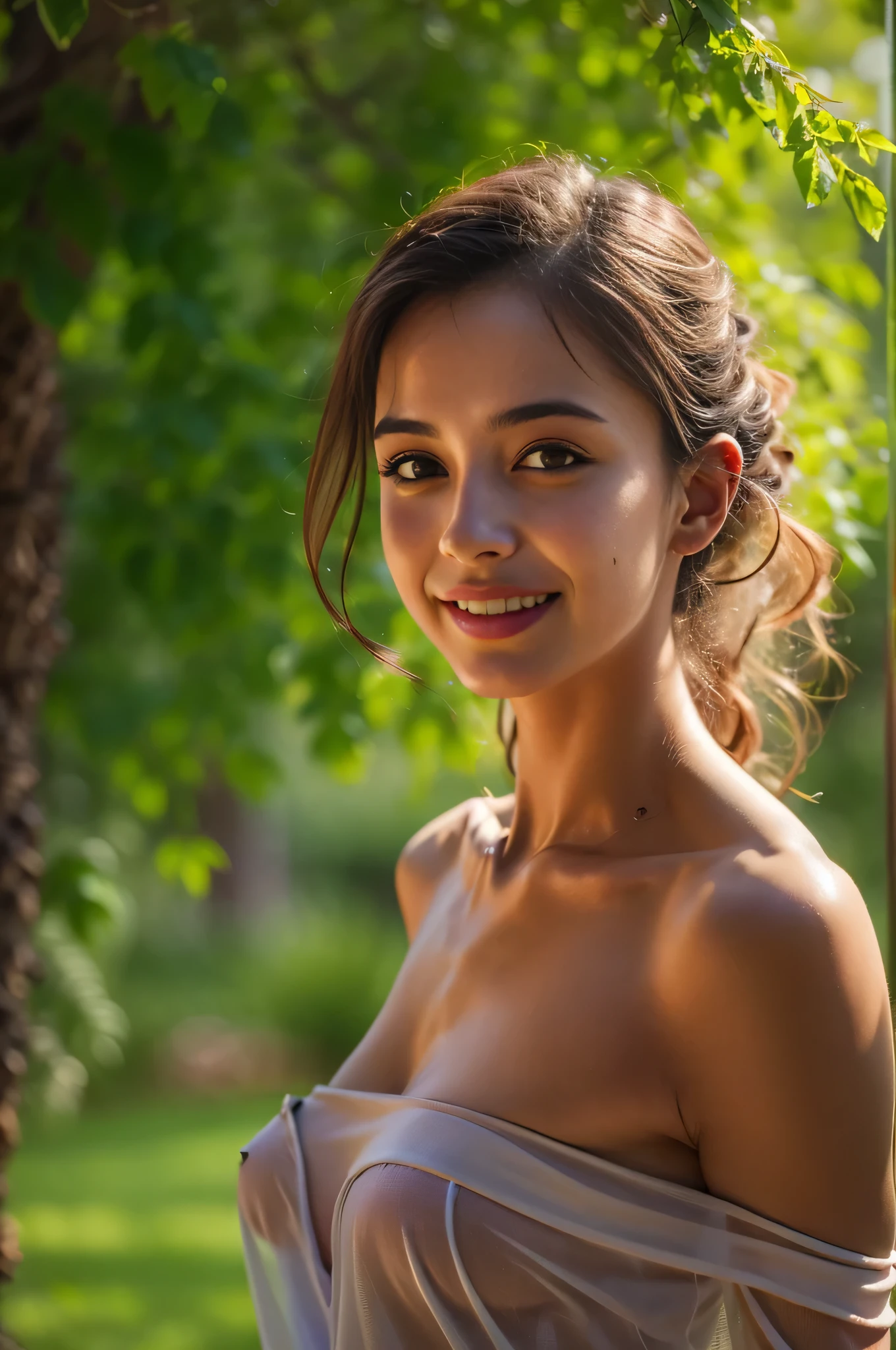 (highest quality,4k,High resolution,masterpiece:1.2),super detailed,(realistic,photorealistic:1.37), 1 beautiful nude Spanish girl, super detailed beautiful eyes, thick eyebrows, luscious lips, flowing brunette hair, (hyper detailed moist skin texture:1.2), (captivating smile:1.5), rich texture, Italy, Tuscany region, rural, soft clean focus, realistic lighting and shading, (an extremely delicate and beautiful art), (artistic nude portrait:1.4), soft and natural lighting, (NSFW:1.4), (dancing happily:1.4), toned body and abs, beautiful nipples, Under the beautiful sunlight filtering through the foliage, (seductive smile:1.5), (no makeup:1.2)