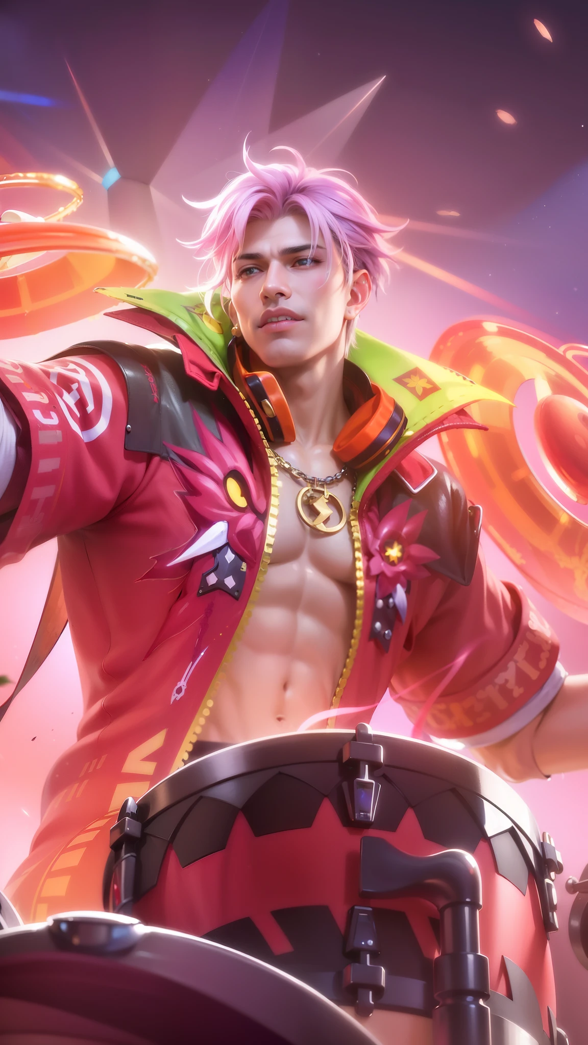 ((perfect eyes)) best quality, (semirealism:1.9), beautiful lighting, (extremely detailed CG unity 4k fhd wallpaper), High Detail, Sharp focus, dramatic outdoors, Handsome male, pink hair, short hair, detailed body, detailed hands, horns, loving, arrogant expression, red eyes, roman nose, almond eyes, baggy T-shirt, grey shirt, blue denim jeans, giving a blue rose, cocky smirk, nightfall, starry sky, handsome, bushy brows, pointy ears, ear piercings, rings, 1 male, black coat, manly, dark skin, brown skin, charming, good quality, huge bulge in pants, headphone, evil smile