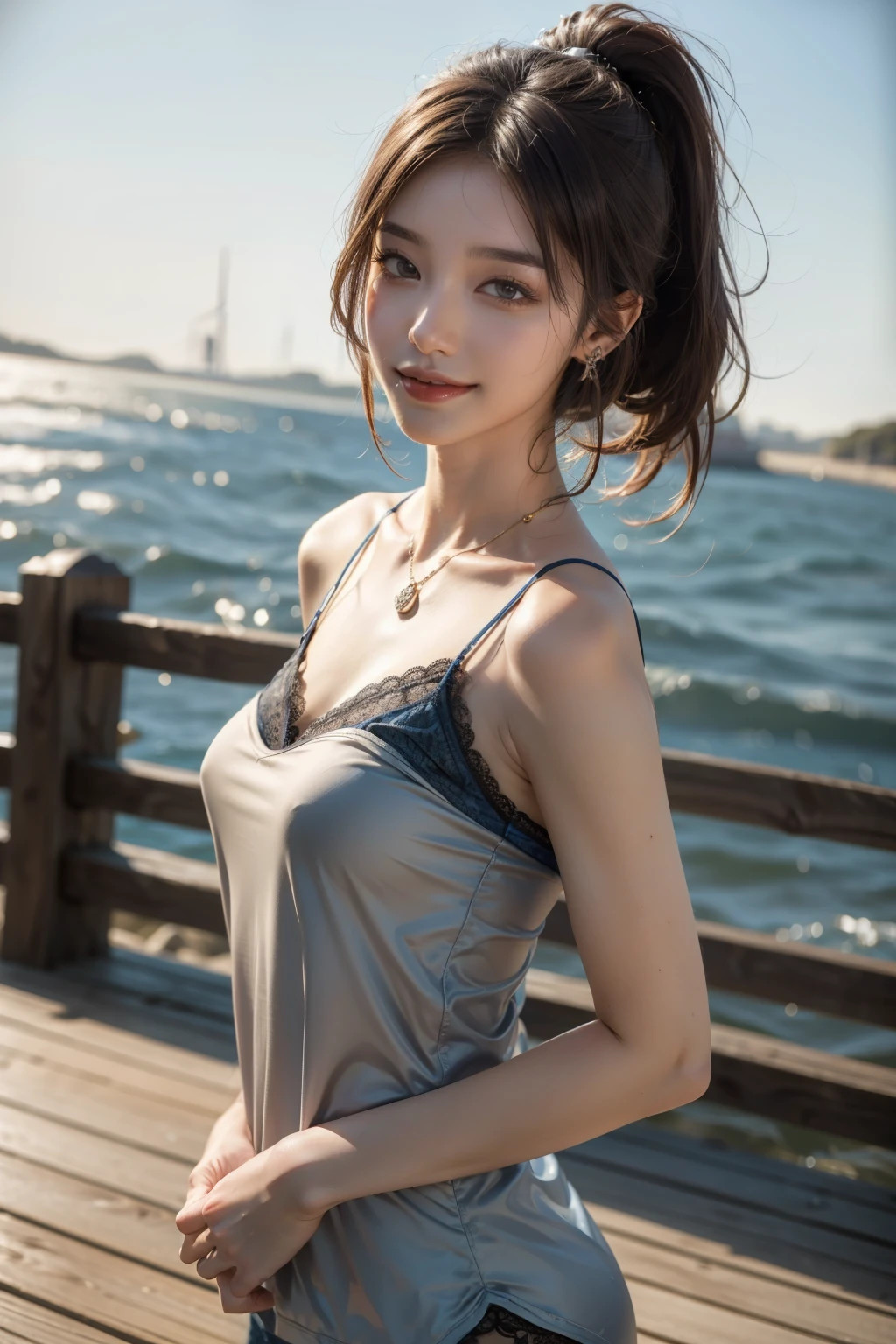 (best quality, 8k,32k,masterpiece, UHD:1.2),extremely detailed CG unity 8k wallpaper,intricate details,Raw photo,(photorealistic:1.4),atmosphere,ultra high res,Realistic,Real,Huge_filesize,incredibly absurdres,(centered:1.3),Ultra illustration,(ultra-detailed),cinematic lighting,various colors,depth of field,art by krenz cushart,golden hour lighting,taken by Canon EOS,SIGMA Art Lens 35mm F1.4,ISO 200 Shutter Speed 2000,blurry background,
BREAK,
1girl,(smile:1.3),slim body,(ponytail:1.4),solo,20-year-old Japanese beautiful woman,(seaside, blue lace camisole:1.6),(light brown hair:1.5),((brown eyes)),Large breasts,chest, Soft white skin that shines with every detail,pale skin,Very beautiful face,Very well-formed face,Natural and realistic face,Best,beautiful detailed eyes,striking eyes,Eyes drawn in detail, smile with your mouth closed,Detailed mouth,Detailed lips,shiny beautiful lips,Glossy lips,simple earrings,necklace,jewelry, solo focus,low neckline,
BREAK,
Back lighting,kool,Standing,
BREAK,
(Dutch angle:1.4),cowboy shot,looking at viewer,
BREAK,tzuyu,yui aragaki,