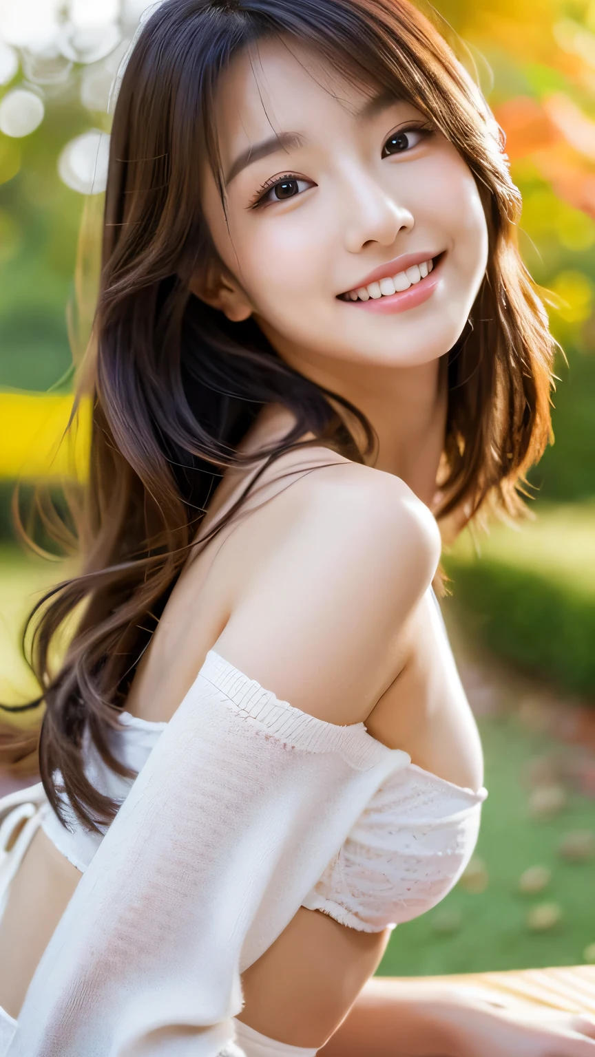 An innocently enjoying face。Laugh with your mouth wide open。Close your eyes completely。Droopy eyes。Deep pink blush。She has shoulder-length, wavy brown hair pulled back in a loose ponytail.