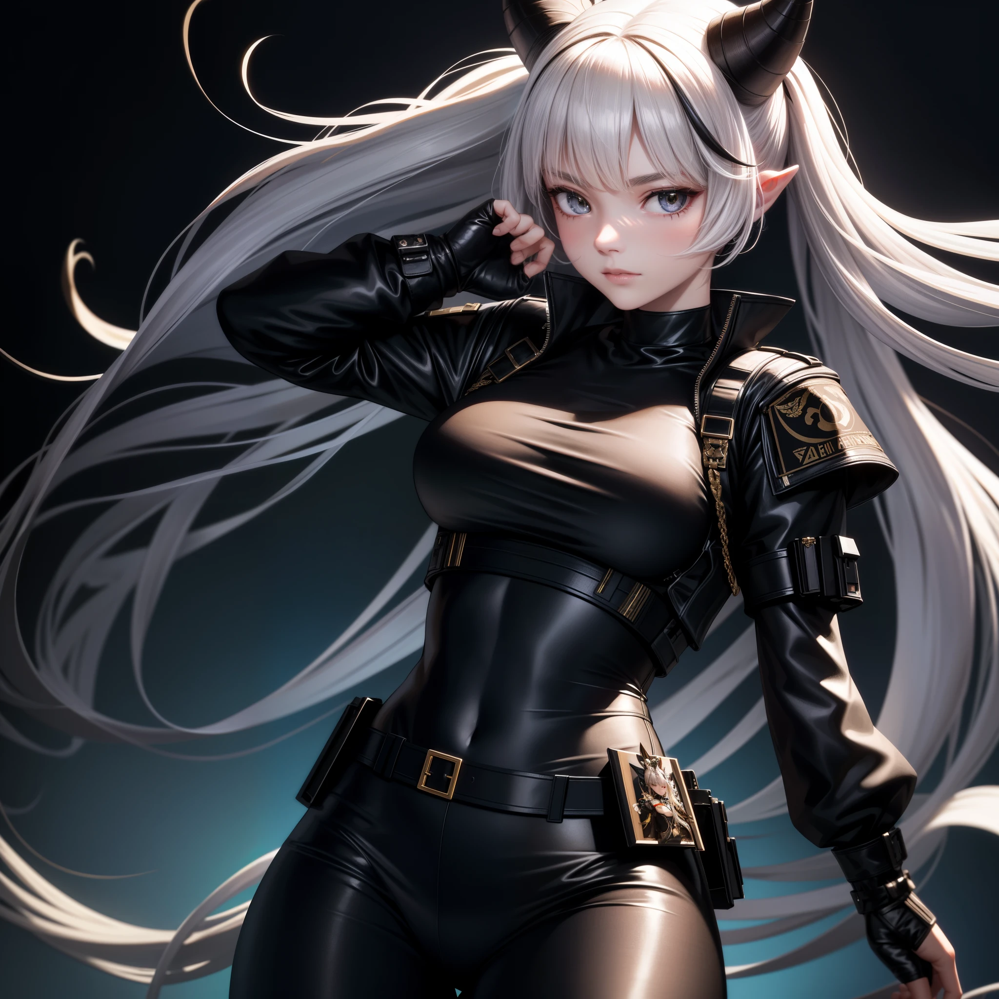 masterpiece, 8k resolution: A breathtakingly intricate and vividly rendered piece of art, featuring a solo female with an exceedingly detailed appearance. The image boasts an absurdly high level of resolution, with every minute detail bring brought to life through advanced ray tracing and high-detailed renders. The subject's shoulder-length white hair is meticulously crafted, framing her face that boasts two white furry dragon ears with black tips and two horns on her forehead. She dons a military-style outfit, wearing black leggings, military combat pants, and a black T-shirt beneath an open white military camo jacket. Her medium-size chest is complemented by two