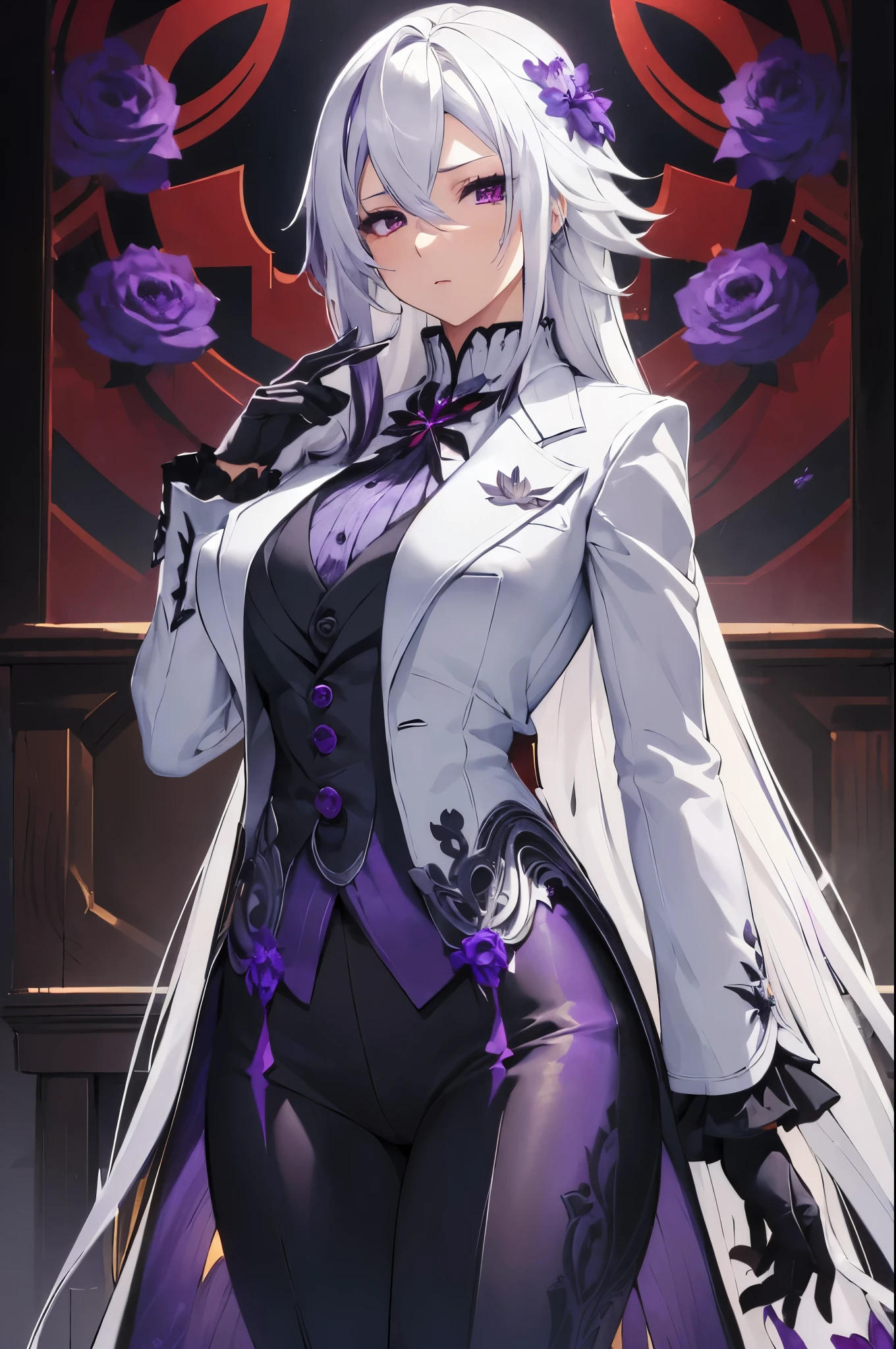 (best quality:1.3), (masterpiece:1.3), (illustration:1.3), (ultra-detailed:1.3), 1girl, solo, ((long hair, white hair, purple eye, purple flower pattern)), large breasts, black pants, suit, tailcoat, serious expression, tall, mature, elegant, black gloves, one hand on hip,