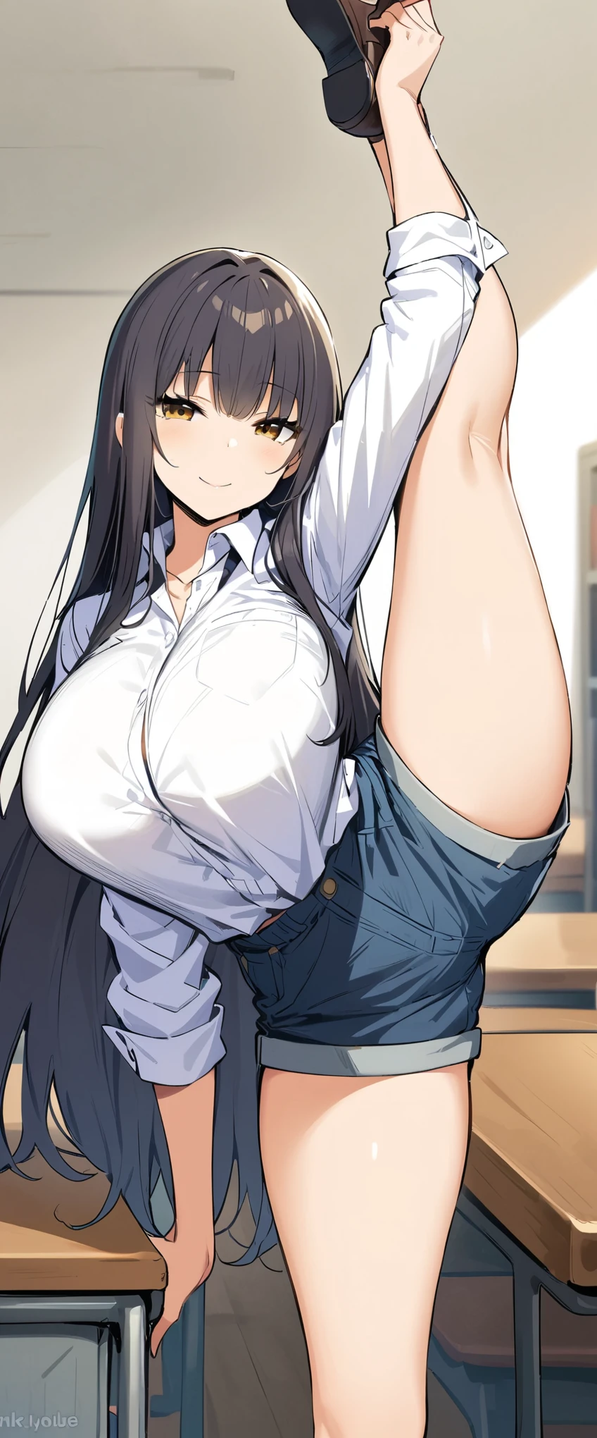 (masterpiece, best quality:1.2), 1girl, solo, standing_split, full body, JK, huge tit, long hair, looking at viewer, long hair, shirt tucked in, smile, tented shirt, blue denim shorts, white pantyhose, in classroom