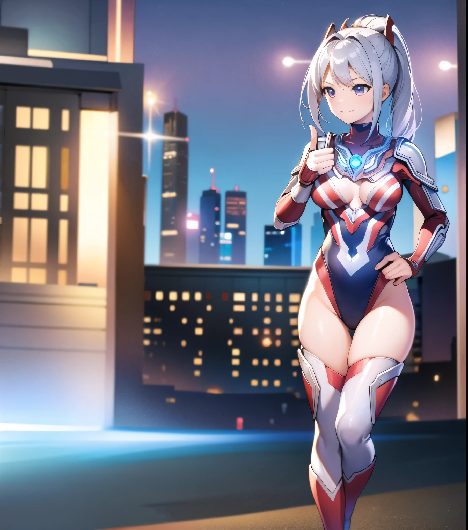 extremely detailed CG unreal engine 8k, best quality, (detailed fingers, detailed hands, detailed face), all intricate, 1girl, beautiful detailed girl, (ultragirl :1.0), ultraman bodysuit, leotard, bare legs, knee boots, upper body, smile, thumbs up, stylish posing, hand on hip, standing, detailed buildings behind, outside