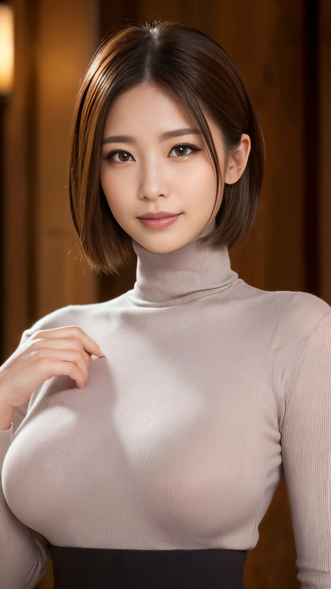 黒いturtleneckのセーターを着た日本女性、 (((masterpiece))), ((highest quality)), ((intricate details)), (((超realistic)), absurd solution, near and far law, very detailed, realistic, 1 girl, ((big breasts)), perfect hands, finger details, beautiful and detailed eyes, short hair, brown eyes,(turtleneck:1.2), Tight Skirt, detailed background, choker, perfect eyes, enchanting eyes, look at the audience, from the front、laughter、mole around the mouth、knit dress、((nipple))