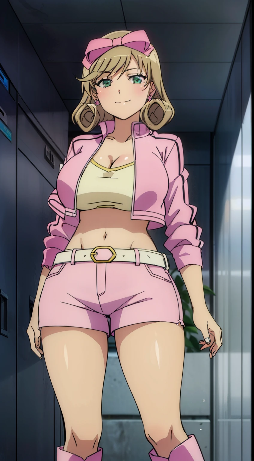 masterpiece, highest quality, High resolution,haruka ,anime,1 girl,smile, (pink_Jacket,pink_hot pants,pink_boots,earrings,city,the way,),20's Style,stylish pose,looking at the viewer,stylish angle,in the center of the image, (lively_color:1.2) (beautiful_large medium breasts:1.3), (beautiful_face:1.4),(slim_waist),(beautiful_thighs:1.1),