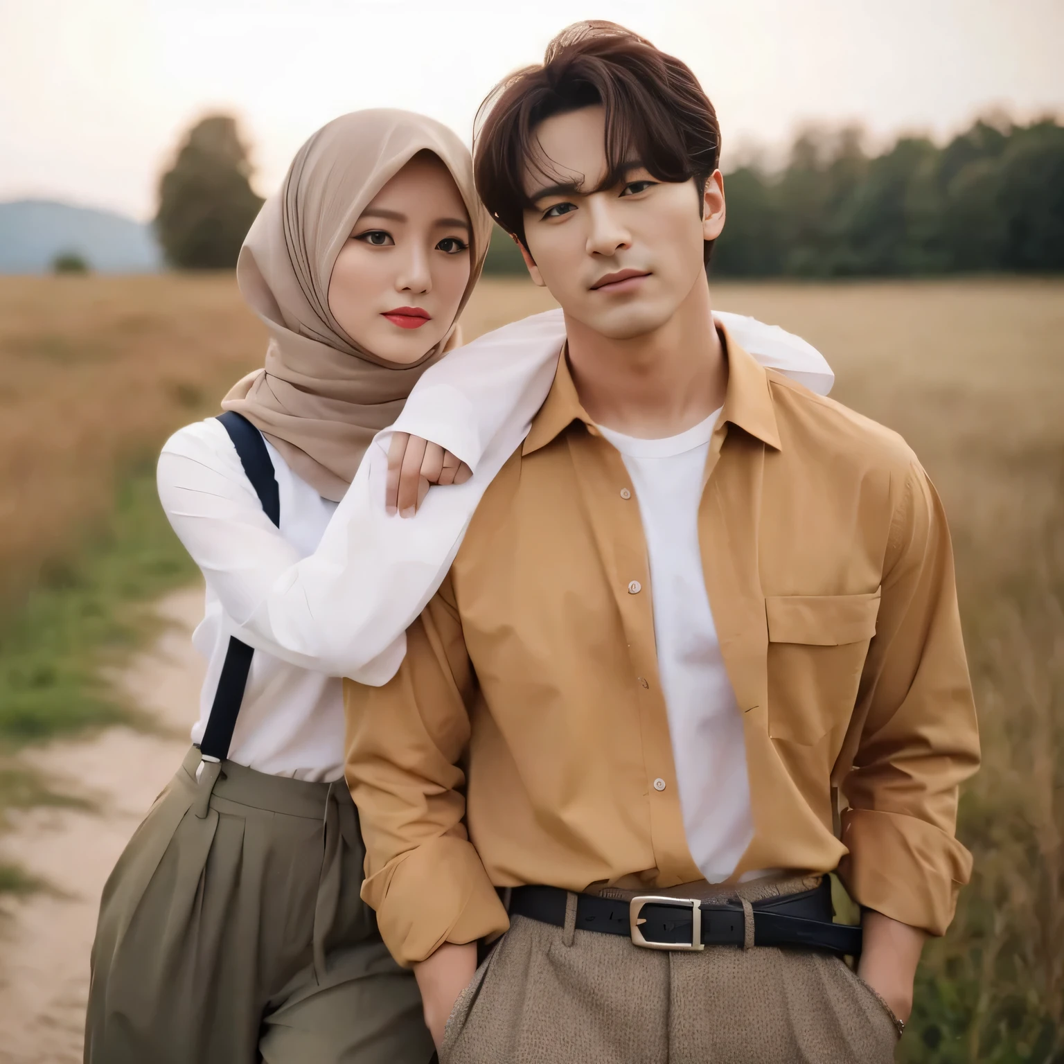 Arafed couple posing for photos in a field with trees, lovely couple, promotional film stills, photo shoot, in full color, film promotional stills, stylish, Korean, couple poses, action film stills, couple, casual photography, film stills 8 k, handsome Korean artist, film stills photography, hijab girl wearing Korean style shirt and trousers
