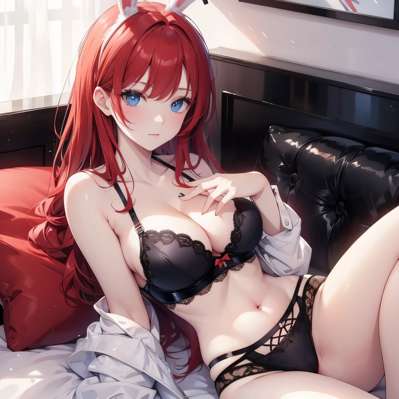 Better hands, red hair, blue eyes, black bra, sexy, bunny ears
