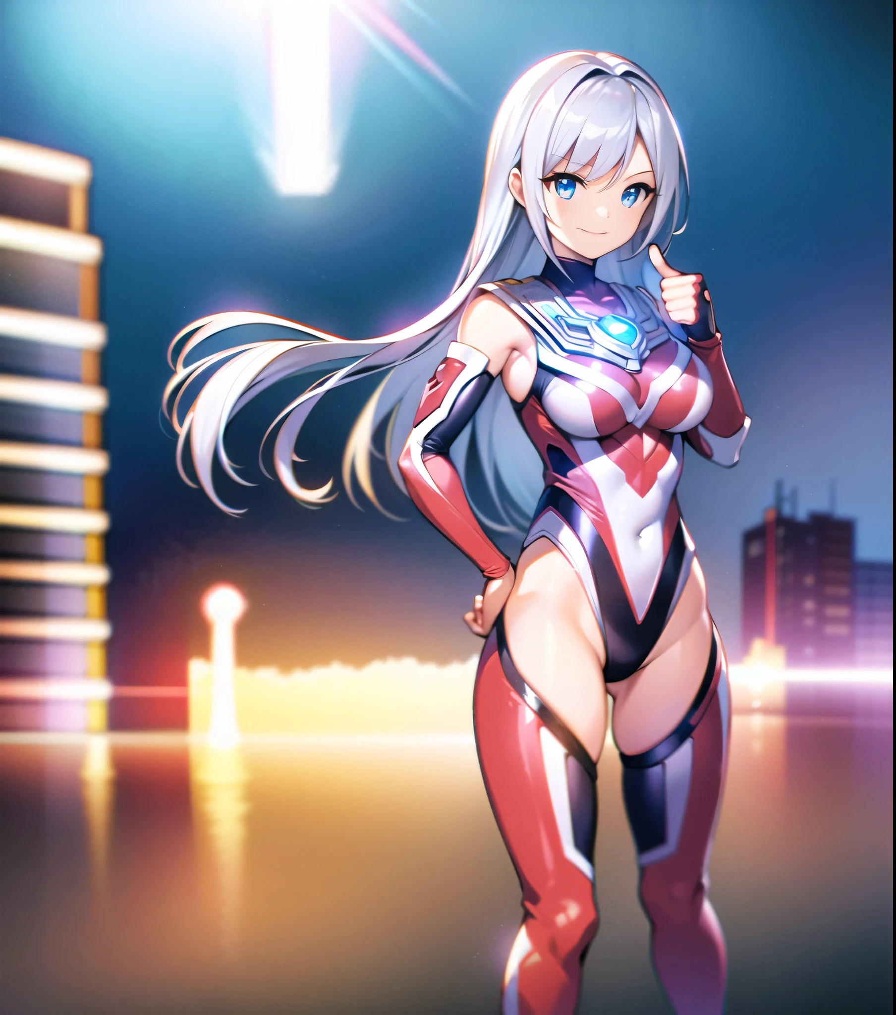 extremely detailed CG unreal engine 8k, best quality, (detailed fingers, detailed hands, detailed face), all intricate, 1girl, beautiful detailed girl, (ultragirl :1.0), ultraman bodysuit, leotard, bare legs, knee boots, upper body, smile, thumbs up, stylish posing, hand on hip, standing, detailed buildings behind, outside